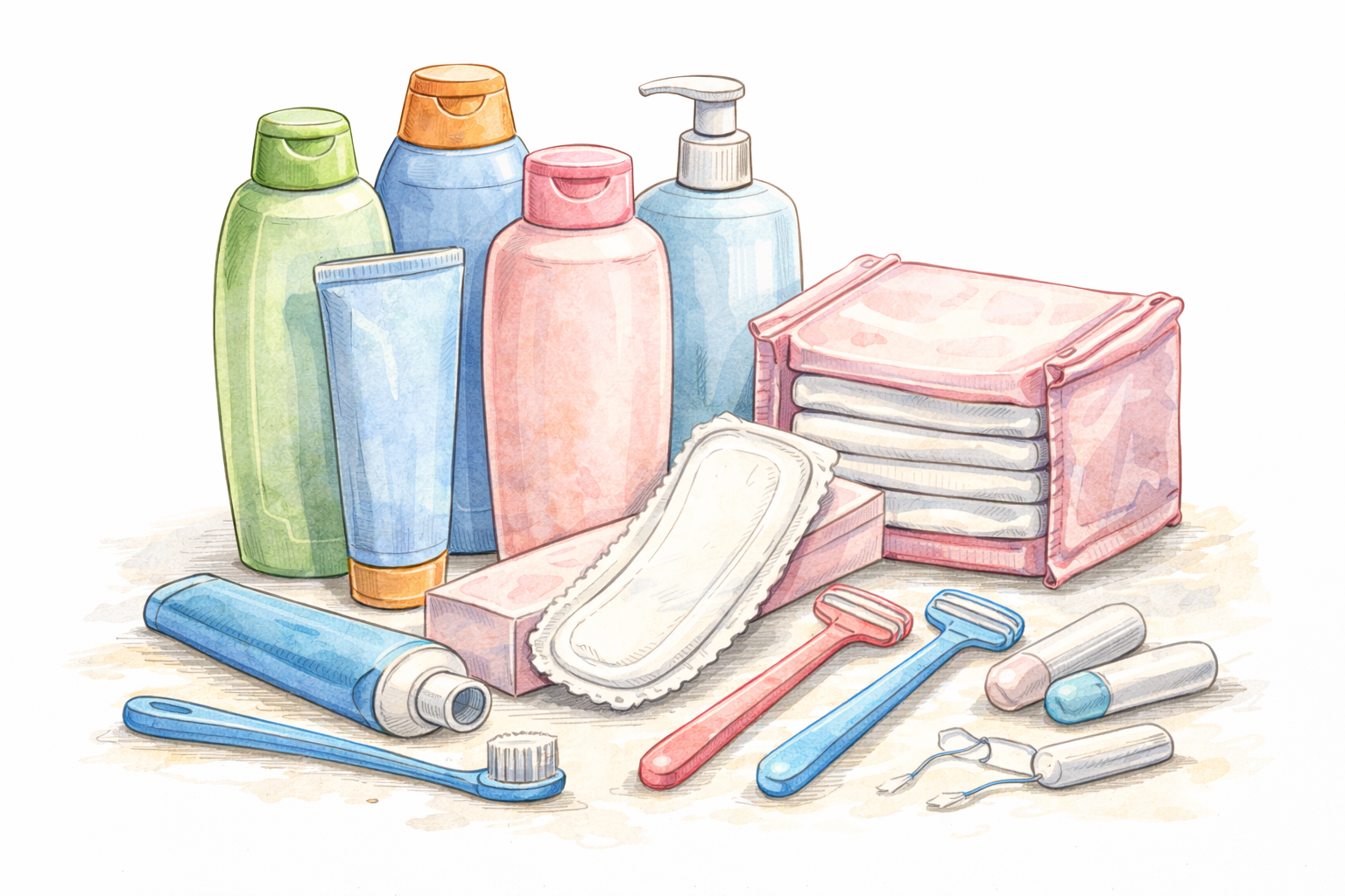 A watercolor illustration of various personal hygiene items, including bottles of shampoo, lotion, and liquid soap, a box of facial tissues, a sanitary pad, a toothbrush, a razor, and small containers, arranged on a surface.