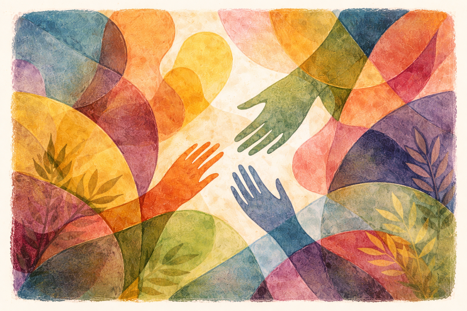 Abstract watercolor illustration of multiple colorful hands reaching towards each other surrounded by leaves and overlapping shapes.
