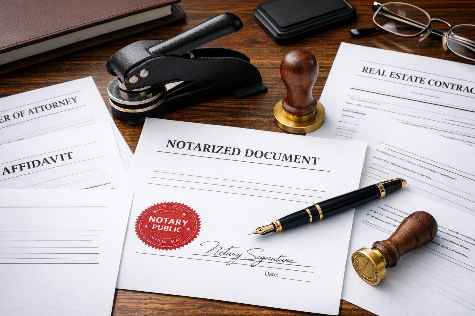 Legal and real estate documents including notarized document, affidavit, and real estate contract, along with a fountain pen, rubber stamps, glasses, and a wallet on a wooden desk.