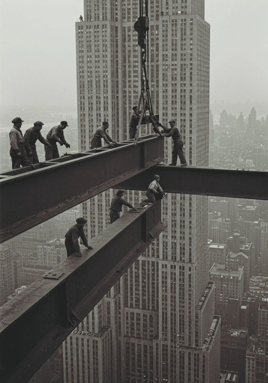 Black and white photo of construction workers working on steel beams high above a city, with tall skyscrapers in the background.