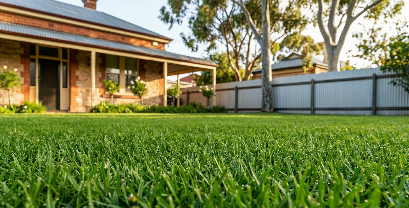 View of a backyard with well-maintained green grass, a brick house with a porch, flower pots, trees, and a wooden fence during late afternoon sunlight.