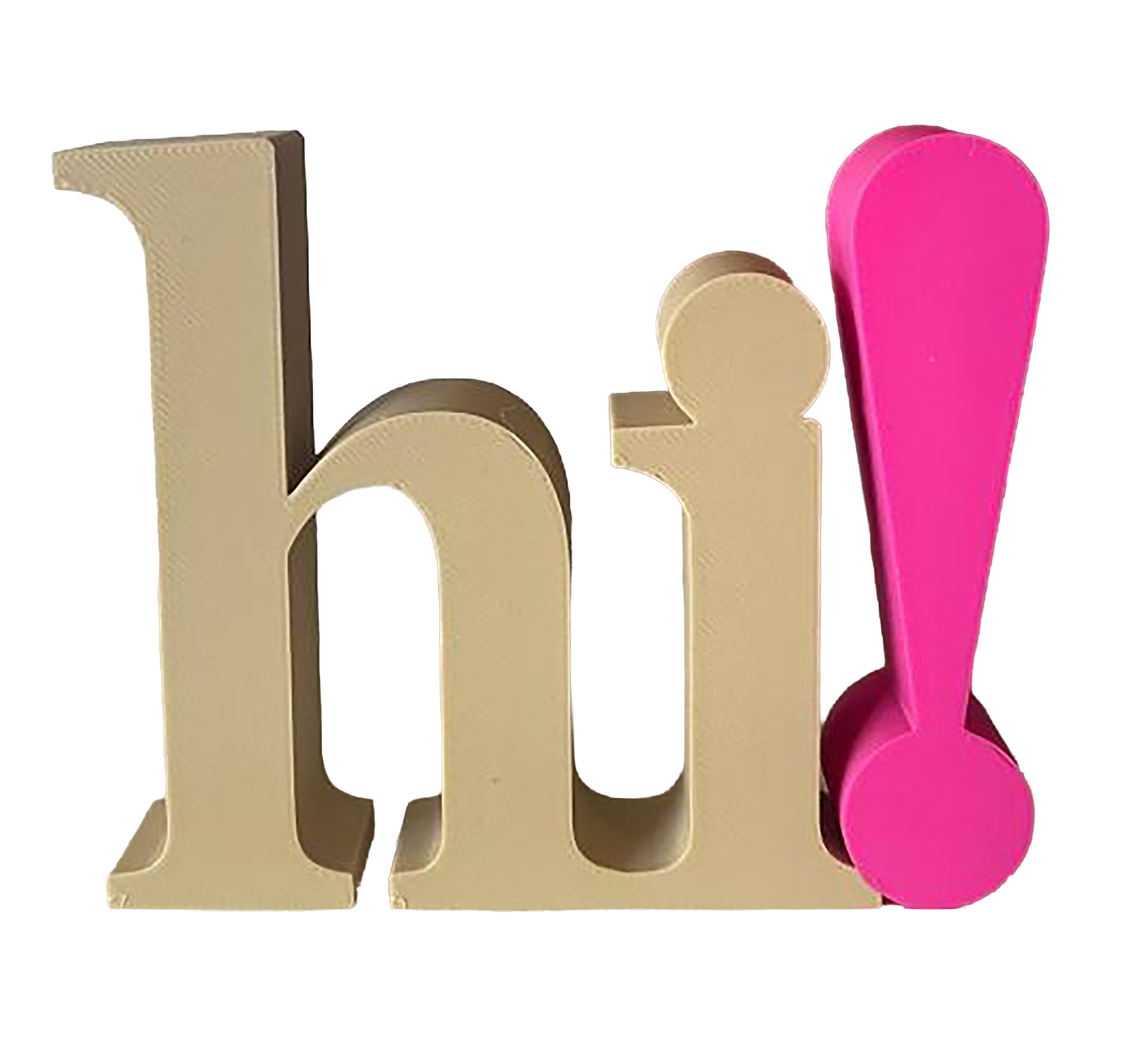 Buchstabe 'h' in beige mit rosa Ausrufezeichen als Punkt