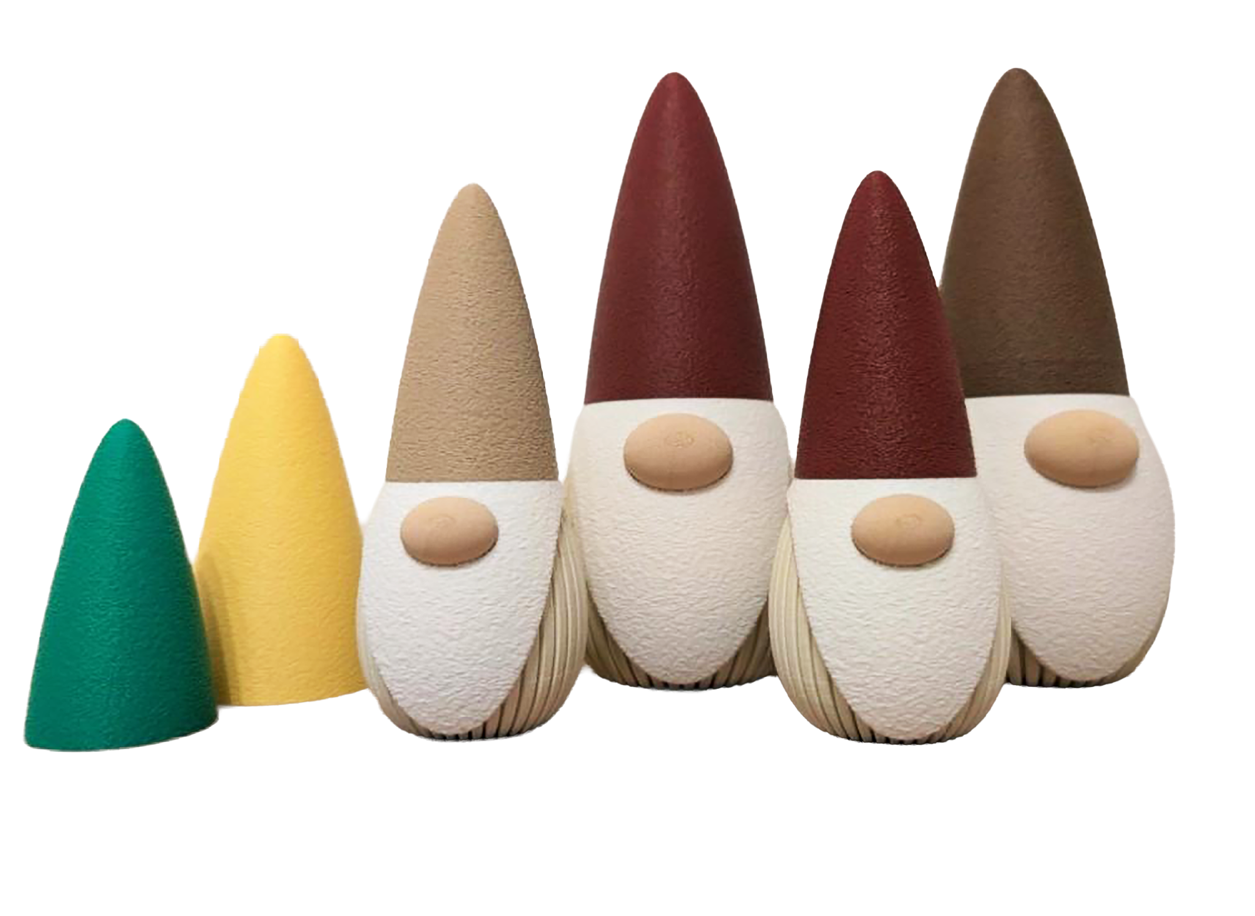 Fünf dekorative Gnome mit bunten Mützen in Grün, Gelb, Beige, Rot und Braun, mit weißen Bäuchen und runden Nasen, auf schwarzem Hintergrund.