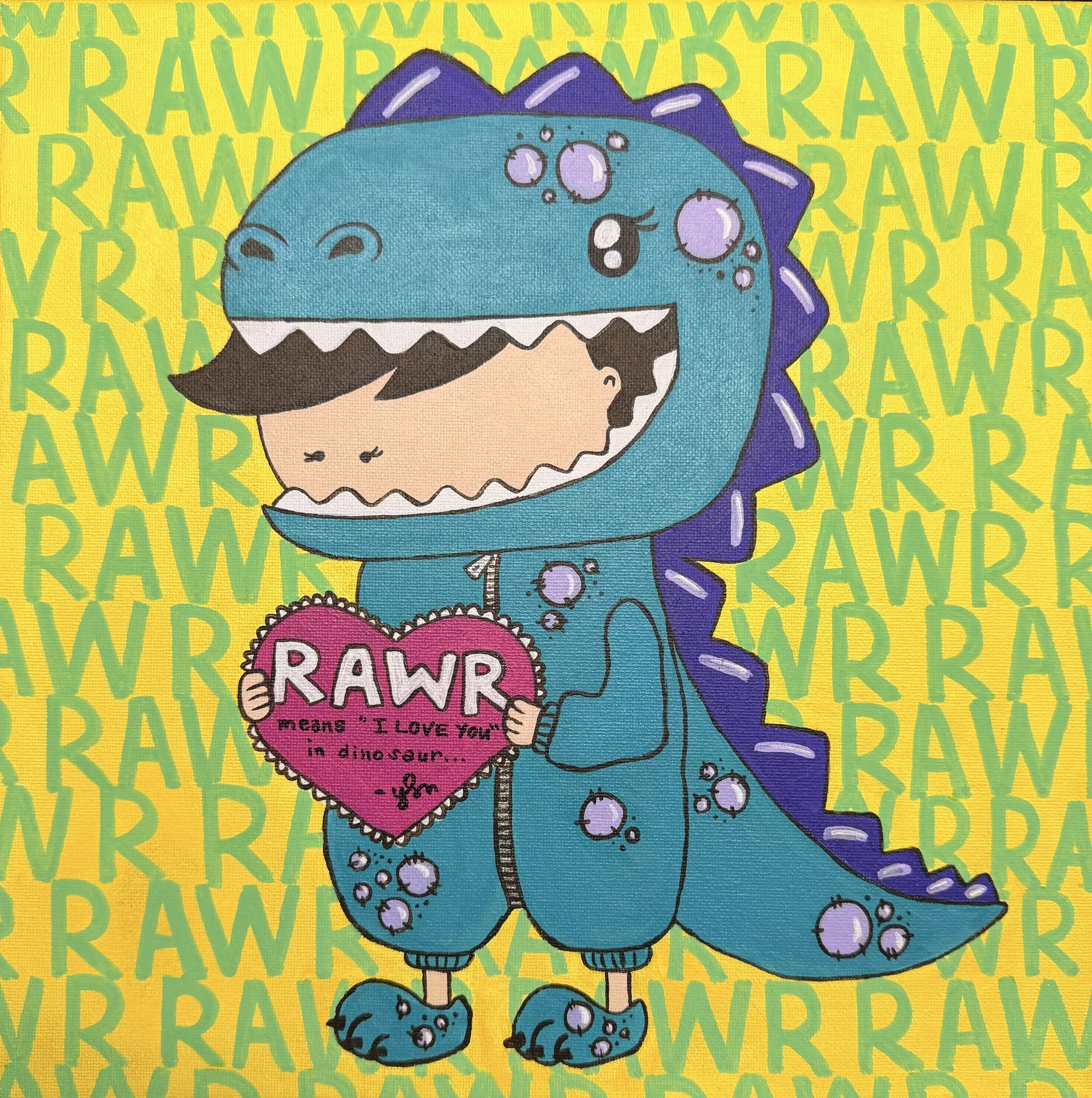 A cartoon character dressed in a blue dinosaur costume with purple spikes, holding a pink heart with the word "RAWR" and the message "means 'I love you' in dinosaur...". The background is yellow with repeated green "RAWR" text.