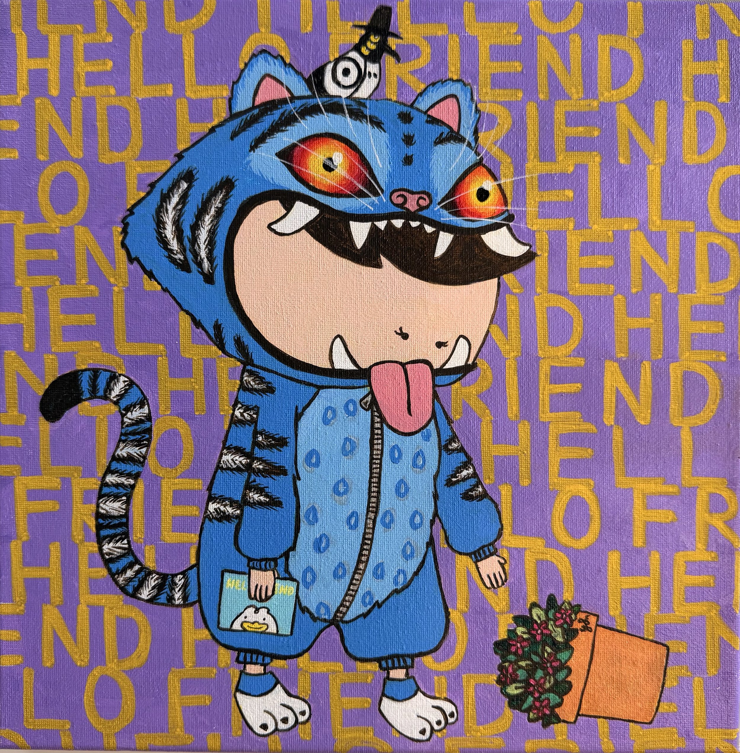 A colorful cartoon illustration of a character in a tiger costume with a mask, standing on a purple background with yellow text that repeats the word 'HELLO FRIEND.' The character has a big, open-mouthed grin with a tongue sticking out, pointy teeth,