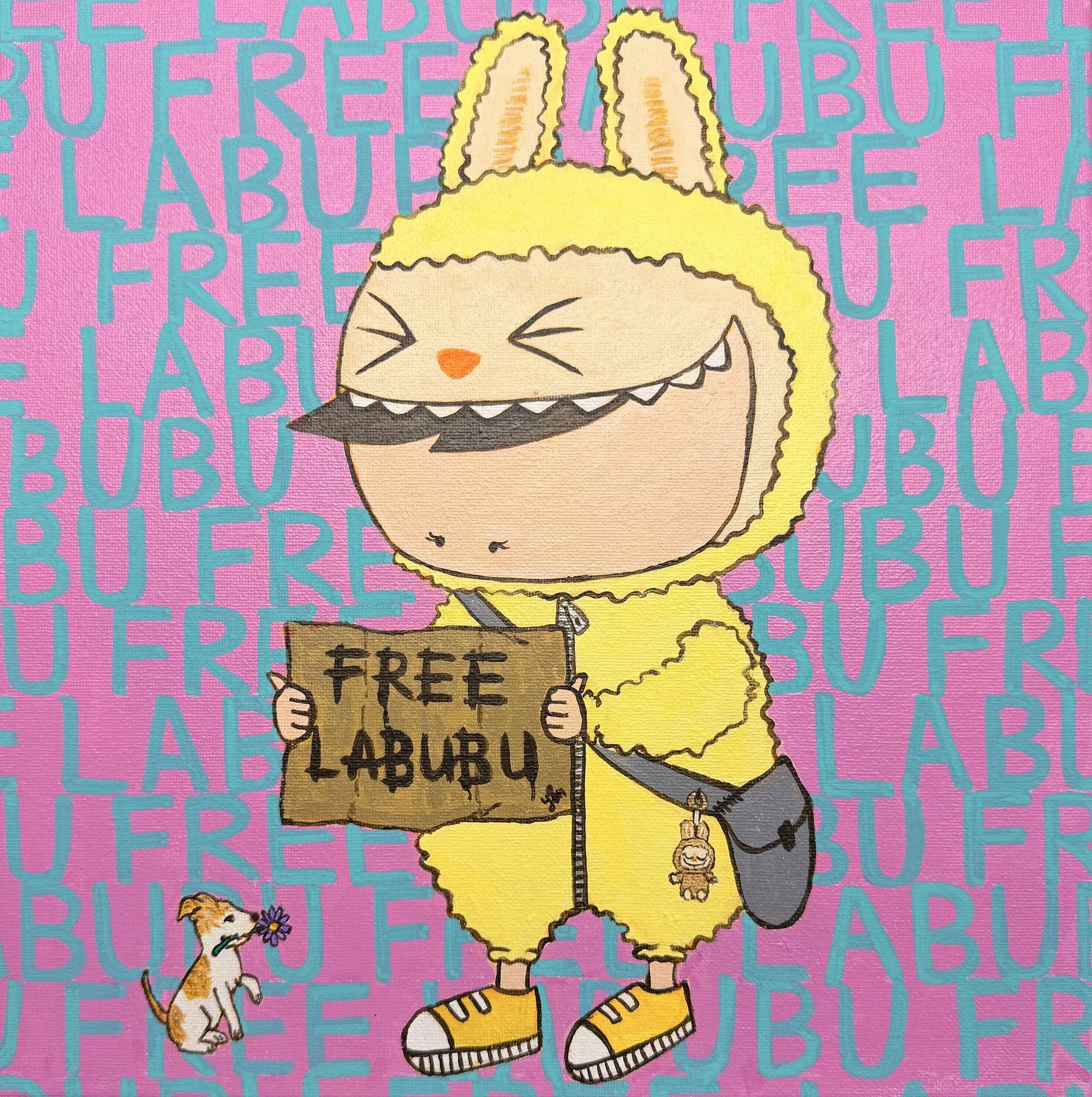 A cartoon character wearing a yellow bunny costume is holding a sign that says 'Free Labubu'. The background has repeating pink and blue text that spells 'Labubu' and 'Free'. A small dog with spots is sitting nearby, holding a purple flower in its mo