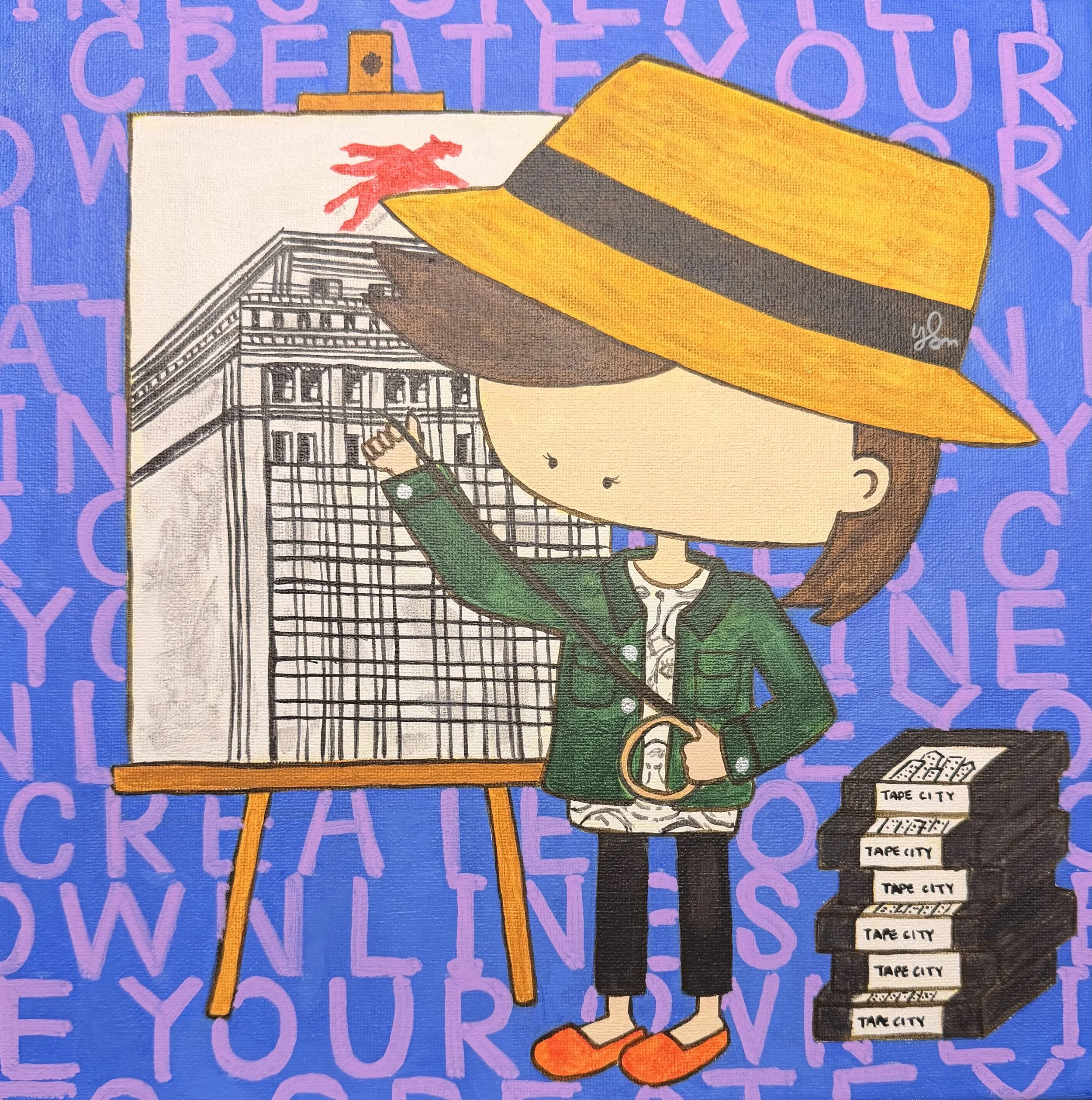 Cute cartoon girl wearing a large yellow hat with a black band, a green jacket, and orange shoes, stands next to an easel with a cityscape drawing and a red dragon above it. She is holding a paintbrush and a palette, with stacks of paper labeled 'TAP