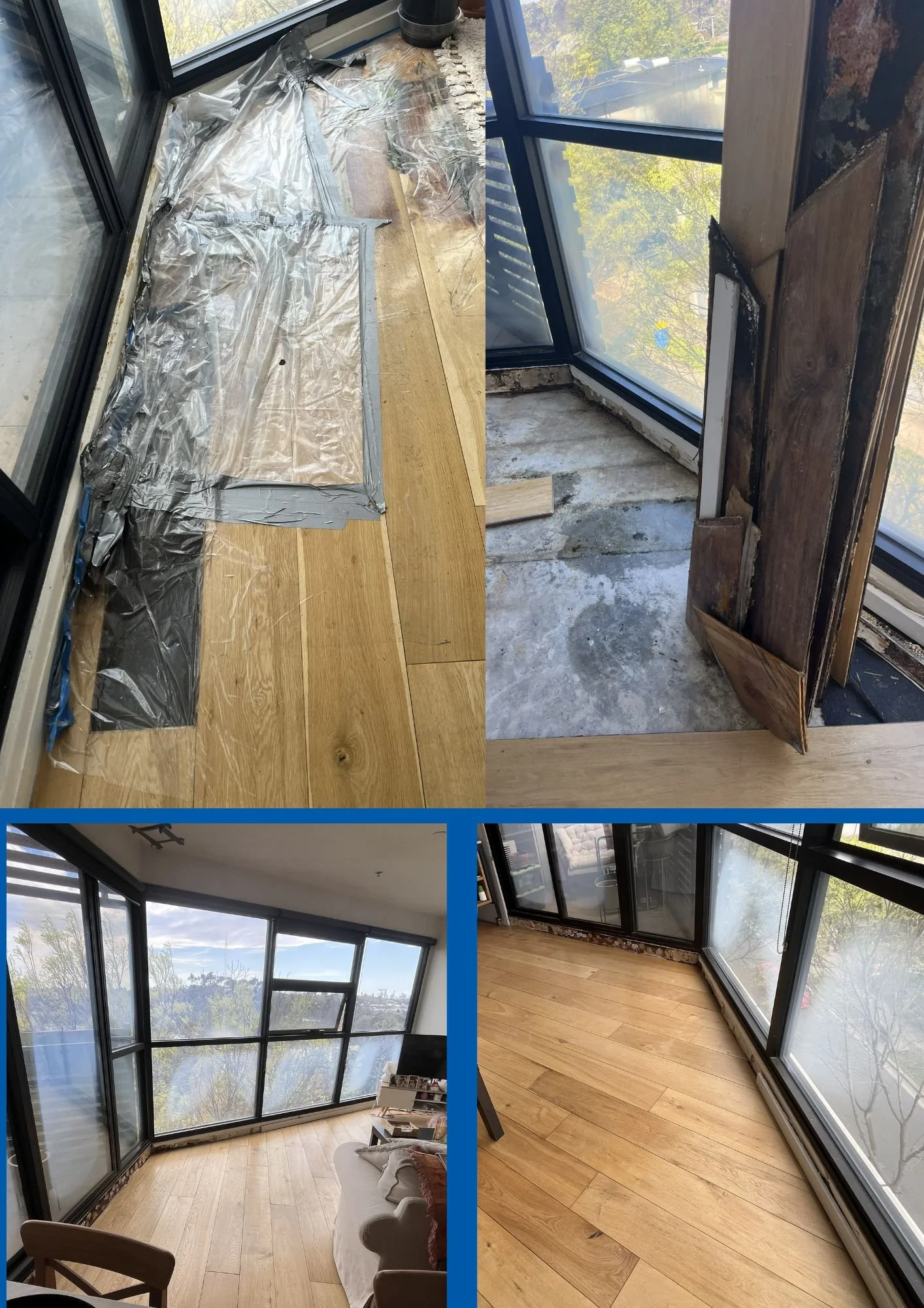 Sequence of images showing a renovation of a corner window area. The first image shows protective plastic and masking tape on the floor next to large glass window panels. The second image depicts the same corner with removed flooring, exposing concrete and some old wooden panels. The third image displays a finished, cozy corner with large windows and new wooden flooring, along with a sofa. The fourth image shows a close-up of the new wooden flooring along the corner window.