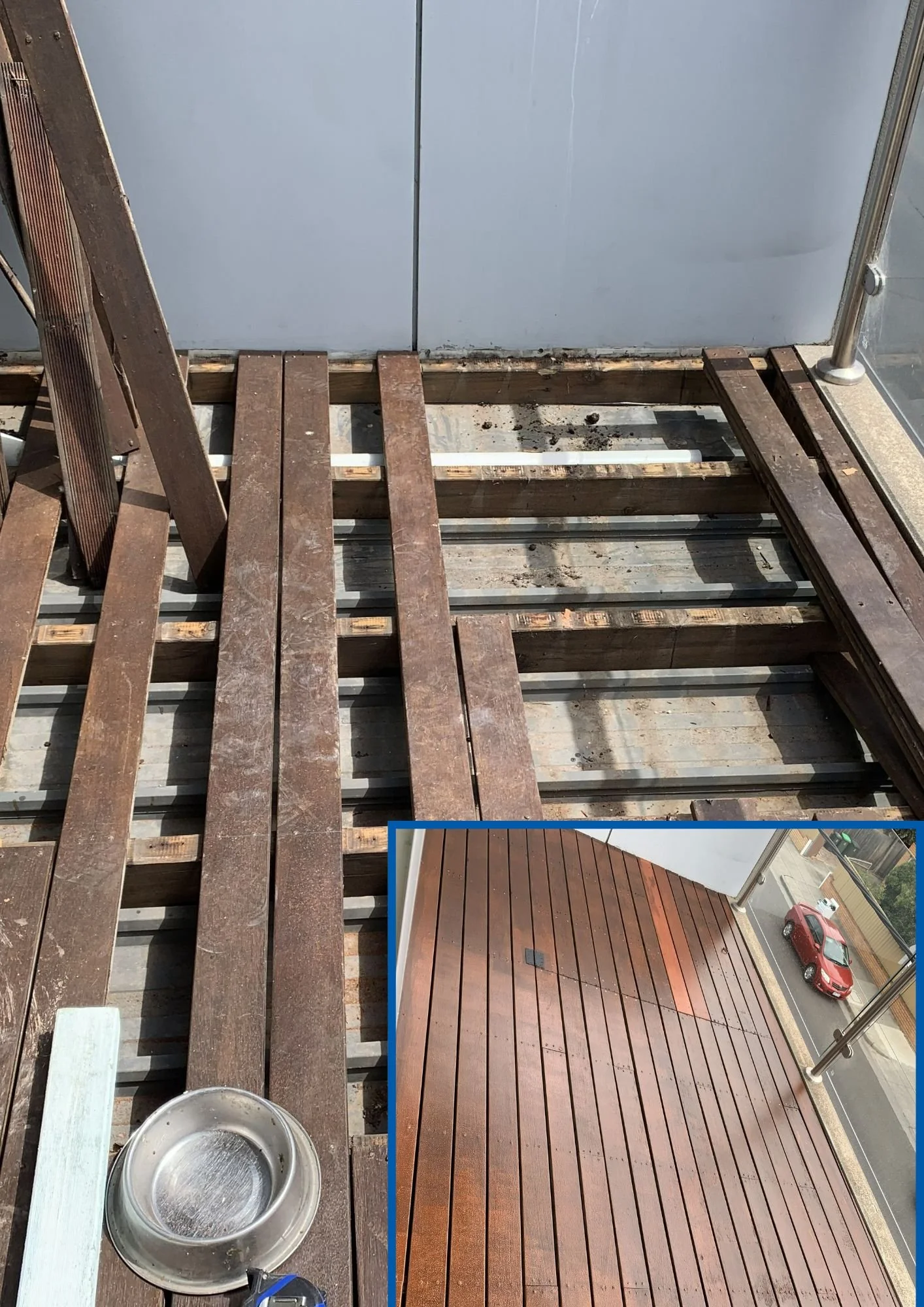 Photo of a balcony under renovation showing wooden slats and scaffolding, with an inset image of a finished wooden deck on the balcony. The completed deck has polished wooden planks, a drain, and a view of parked cars outside.