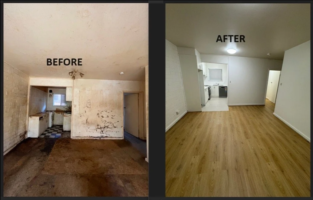 Side-by-side comparison of a kitchen before and after renovation. The 'before' shows dirty, stained floors, peeling paint, and an outdated kitchen. The 'after' features a clean, modern space with new white walls and wood laminate flooring.