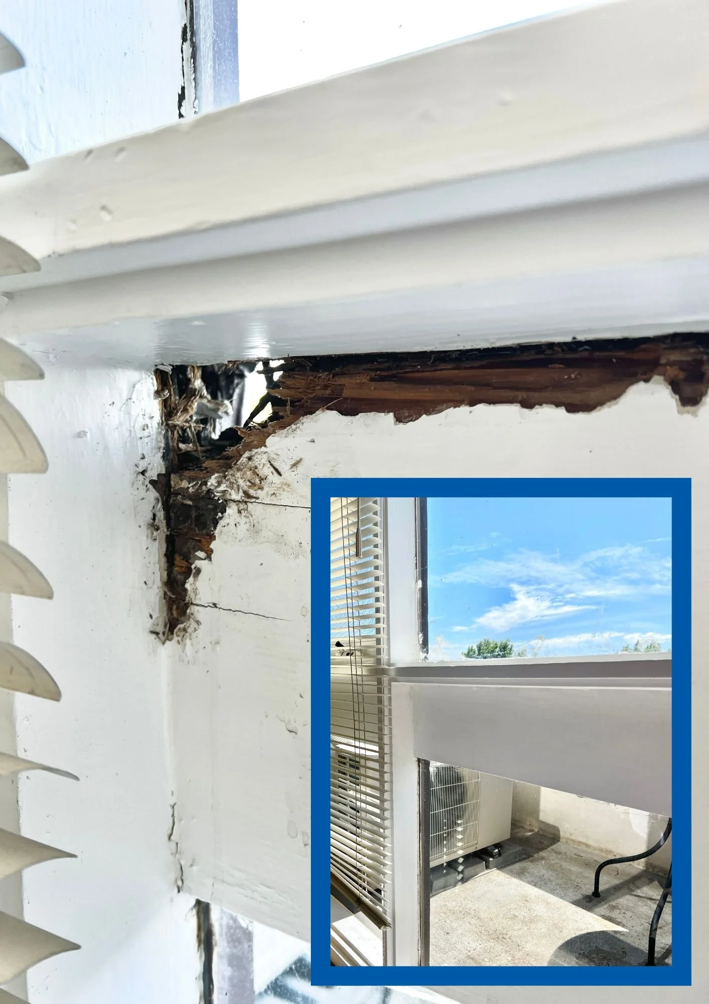 Close-up of a damaged window frame with rotting wood near a white wall, inset shows a view outside through a window with blinds, blue sky, and some trees.