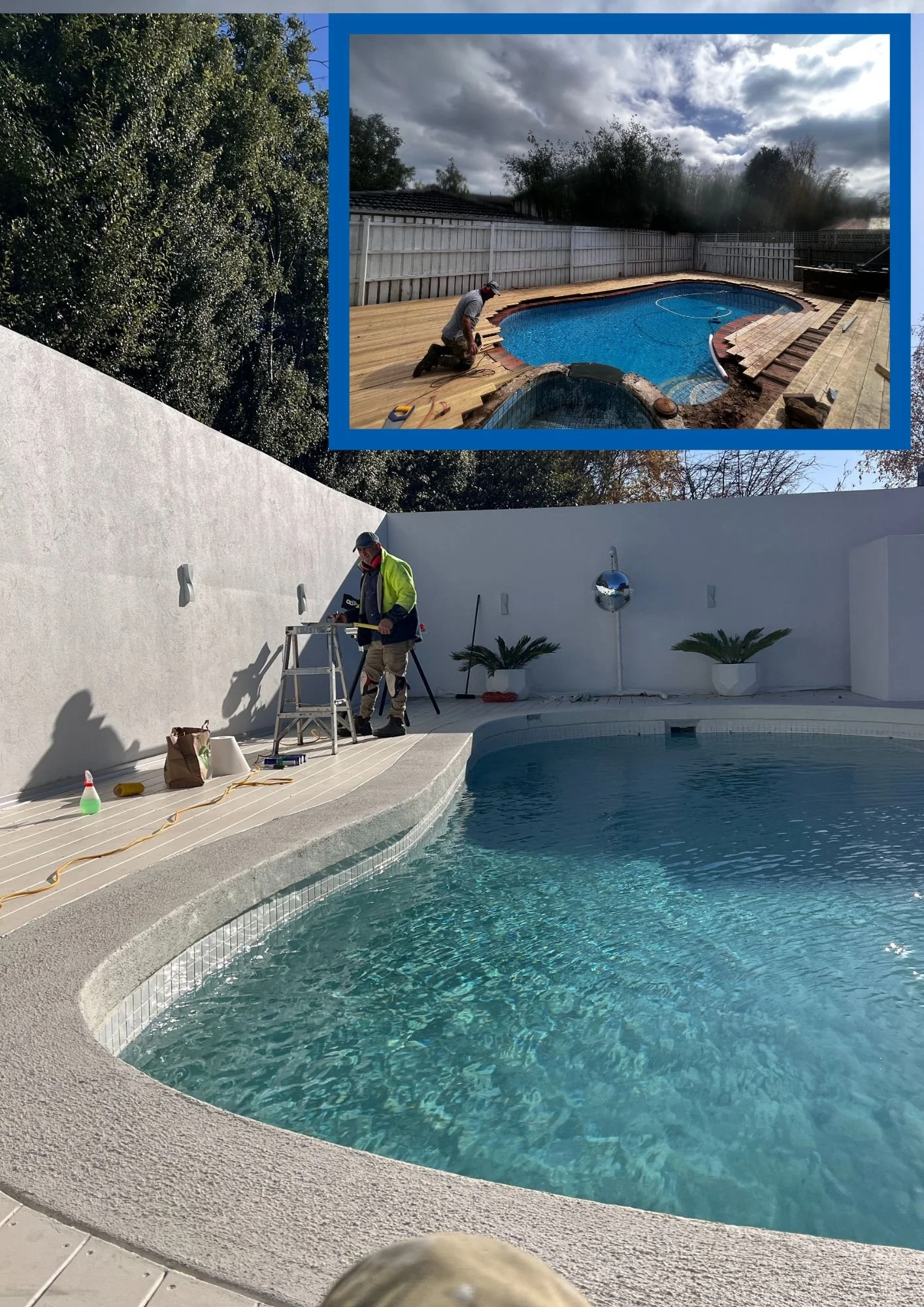 Photograph of a backyard swimming pool under construction, with a worker in a high-visibility jacket working on the pool deck, and an inset showing the pool being built with a wooden deck and a worker kneeling on the deck.