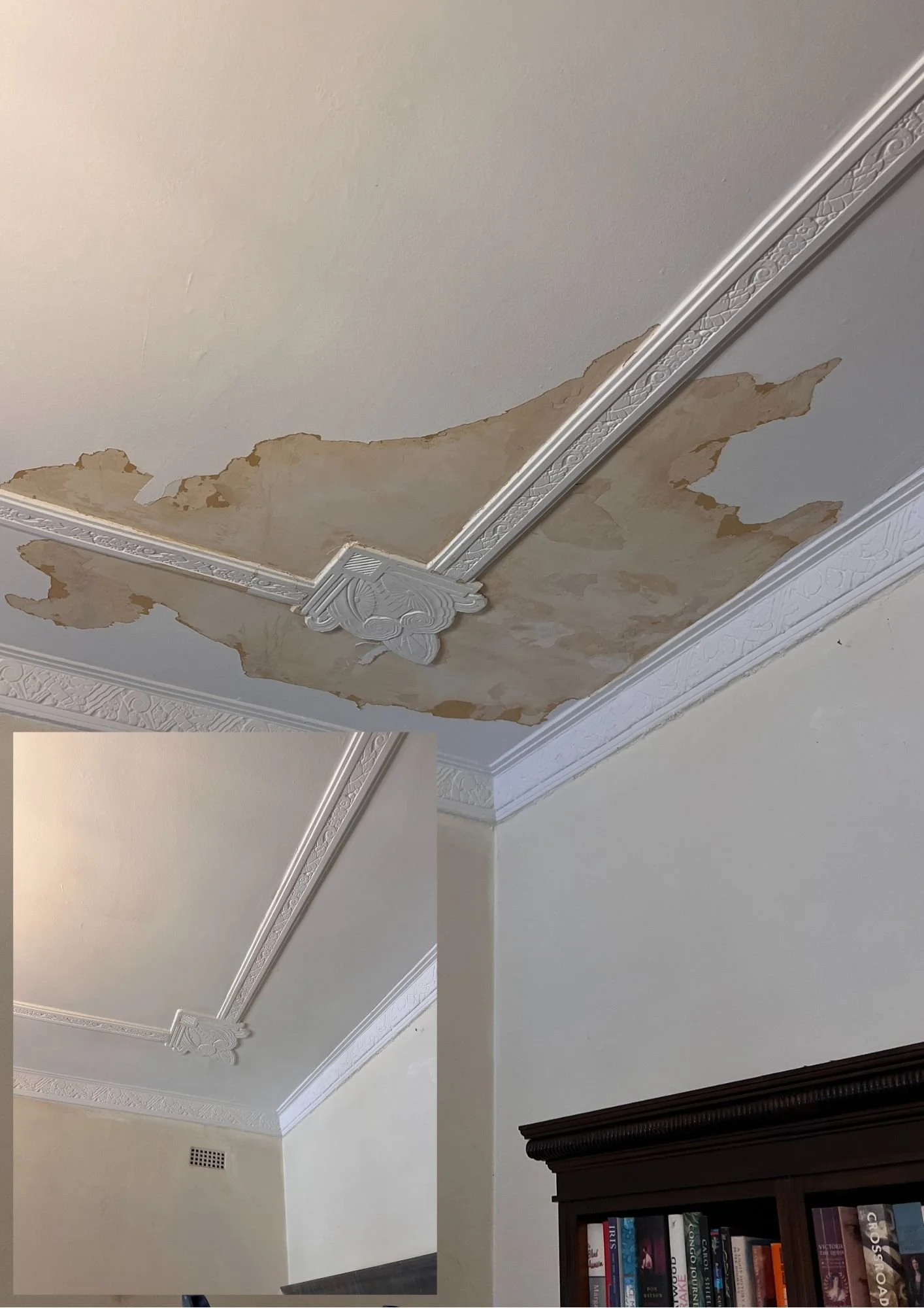 Ceiling with peeling or damaged paint in a room with decorative crown molding, next to a bookshelf.