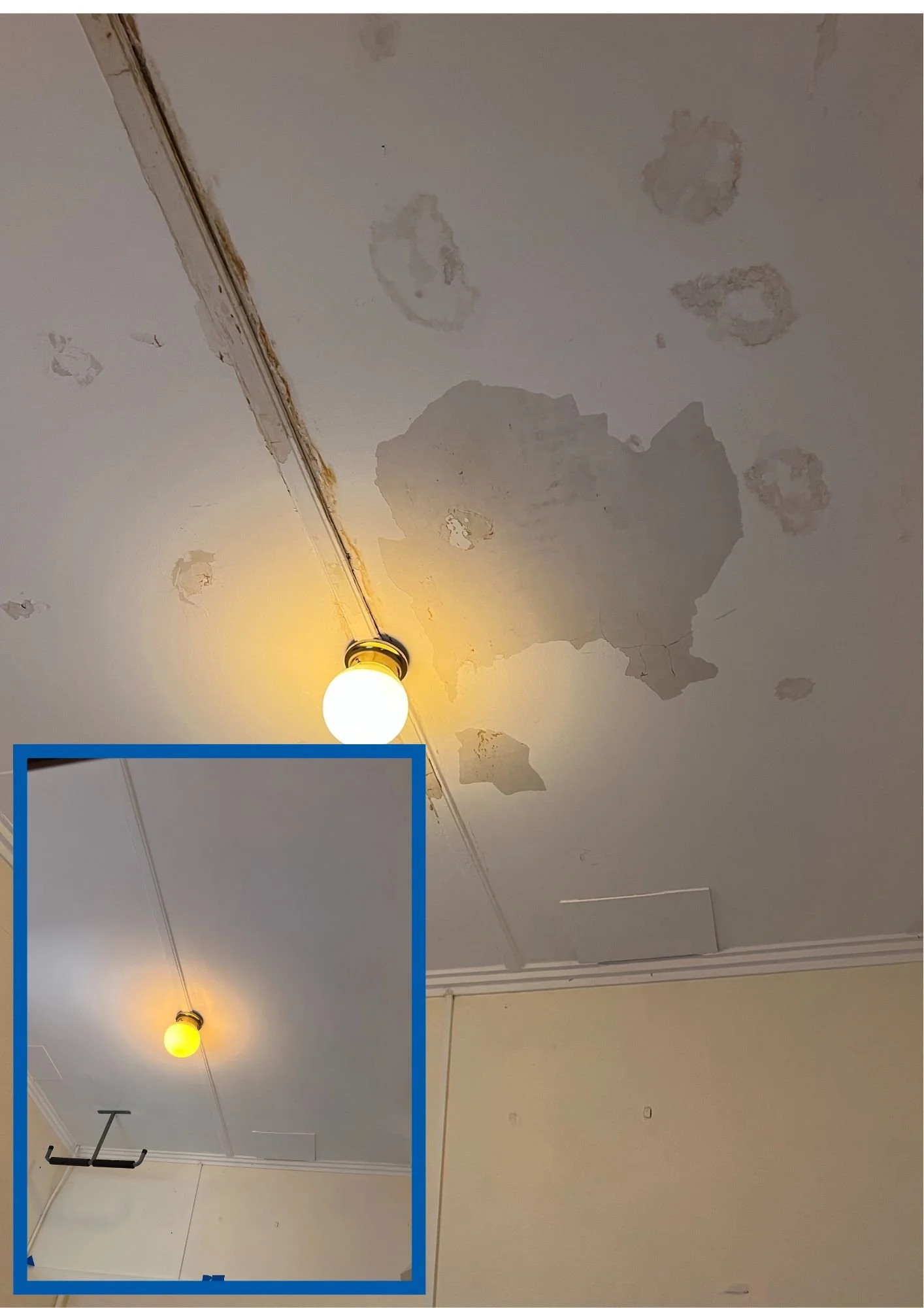 Ceiling with peeling paint and water stains, with a light bulb hanging from the ceiling.