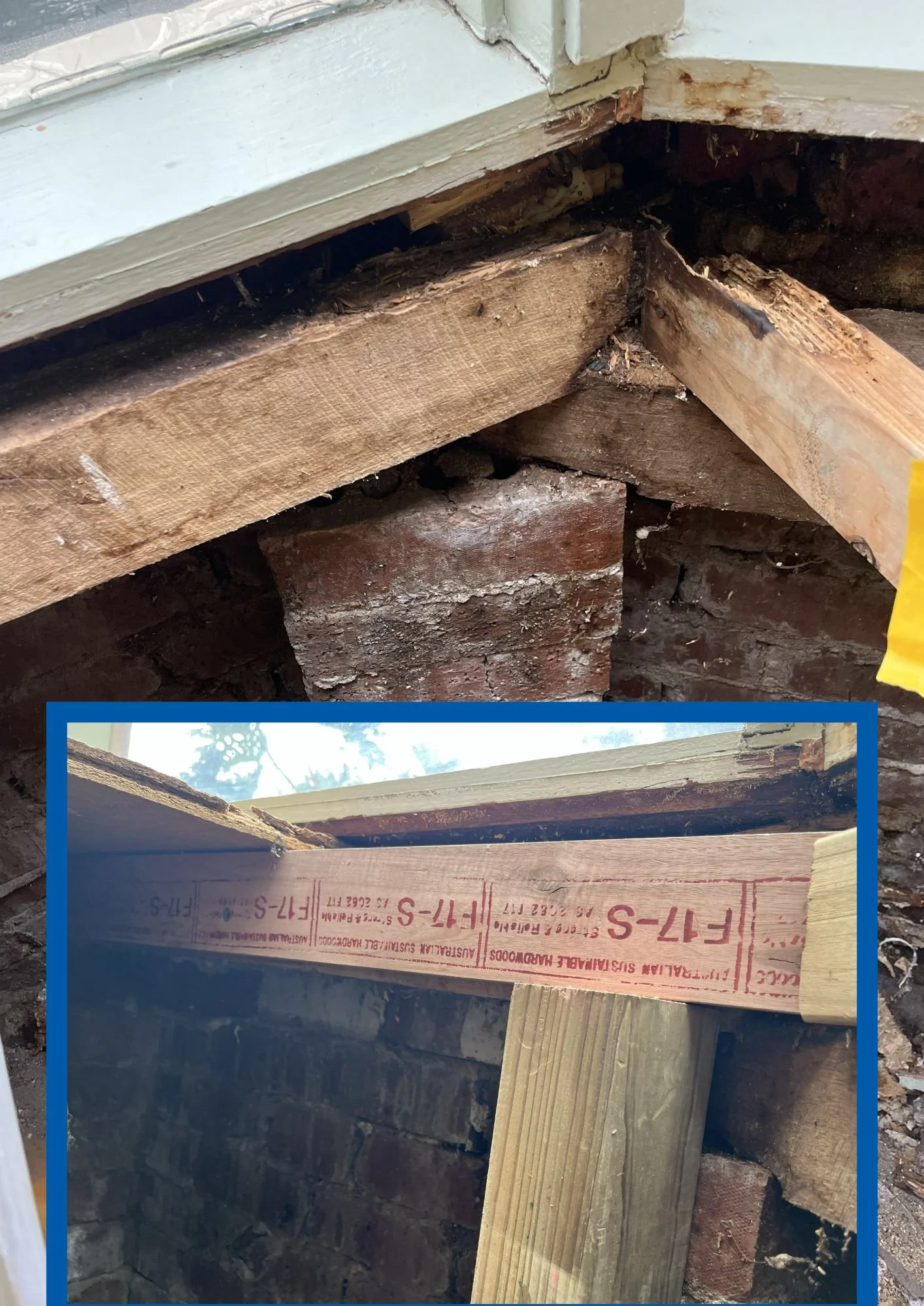 Close-up images showing the removal of an old wooden beam and the installation of a new wooden support in a brick foundation wall.