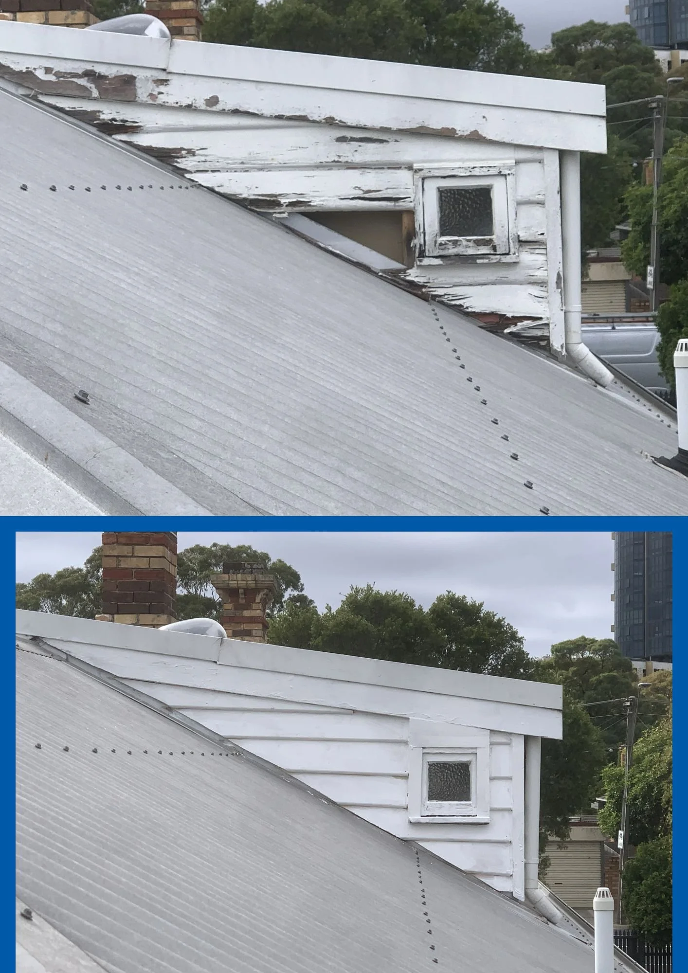 Before and after comparison of a house's roof and exterior wall, showing repairs and repainting.