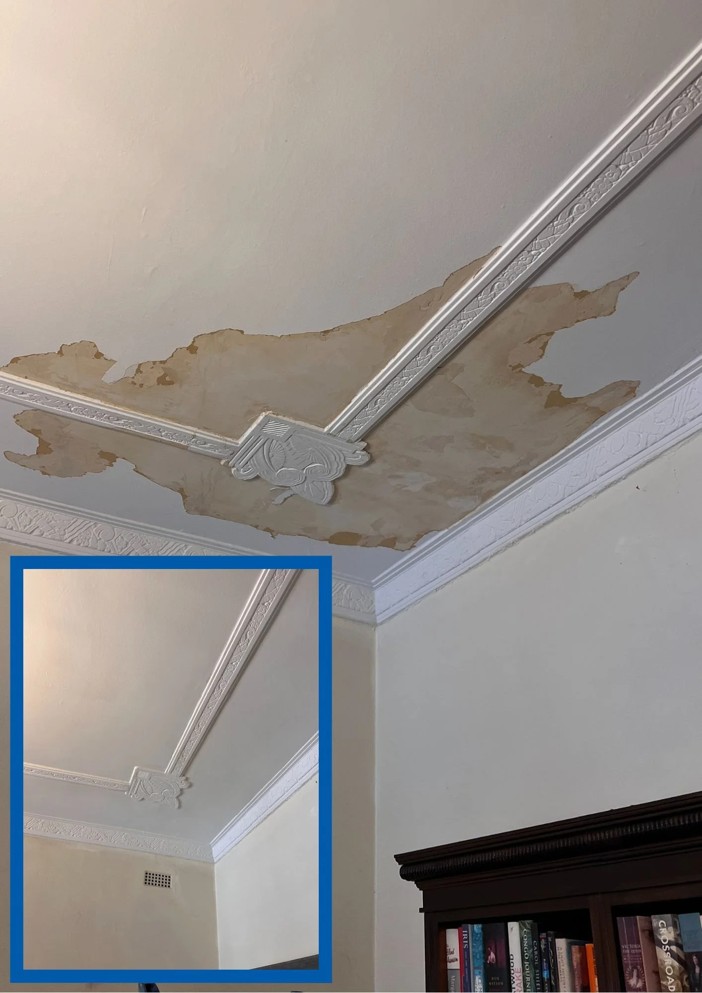 Ceiling with peeling paint or water damage, ornate crown molding, and decorative ceiling medallion in a room