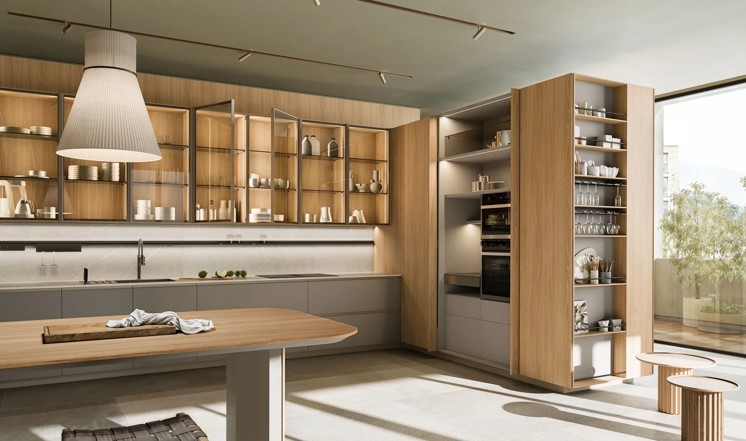 Modern kitchen with wooden cabinets, open shelves with dishes, a countertop with a sink, a dining table with a wooden cutting board and cloth, and large windows with views of outdoor greenery.