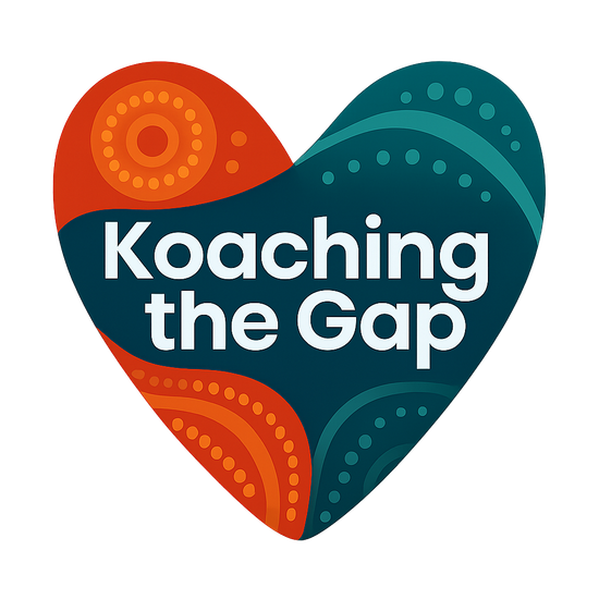 A colorful heart-shaped graphic with orange, red, green, and blue sections, containing the text "Koaching the Gap" in white.