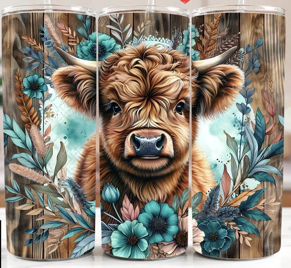 Rustic Floral Highland Cow- Tumbler