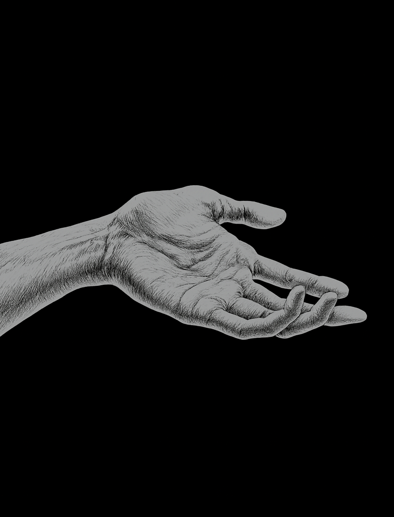 Detailed black and white illustration of an outstretched human hand and wrist against a black background.