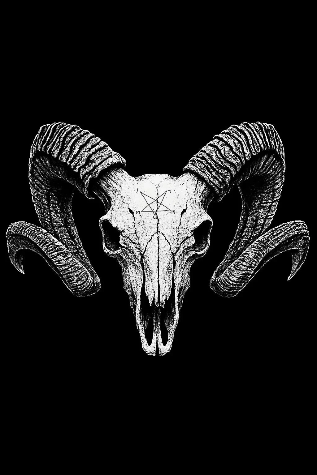 A black and white illustration of a ram skull with large, curved horns. The skull features a pentagram inscribed on the forehead with the letter 'M' on either side.