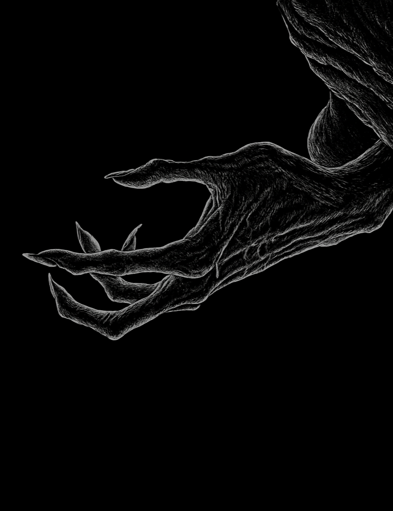 A detailed, monochrome illustration of a skeletal hand and wrist, with elongated fingers and visible texture, reaching downward in a dark background.