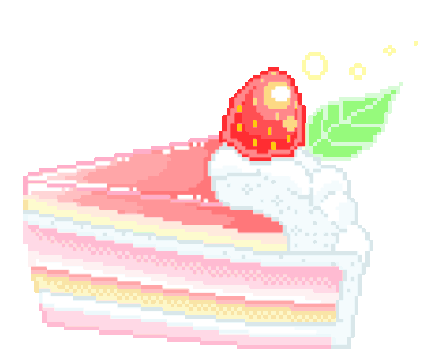 Pixel art of a slice of strawberry shortcake with a strawberry, whipped cream, and a leaf on top.