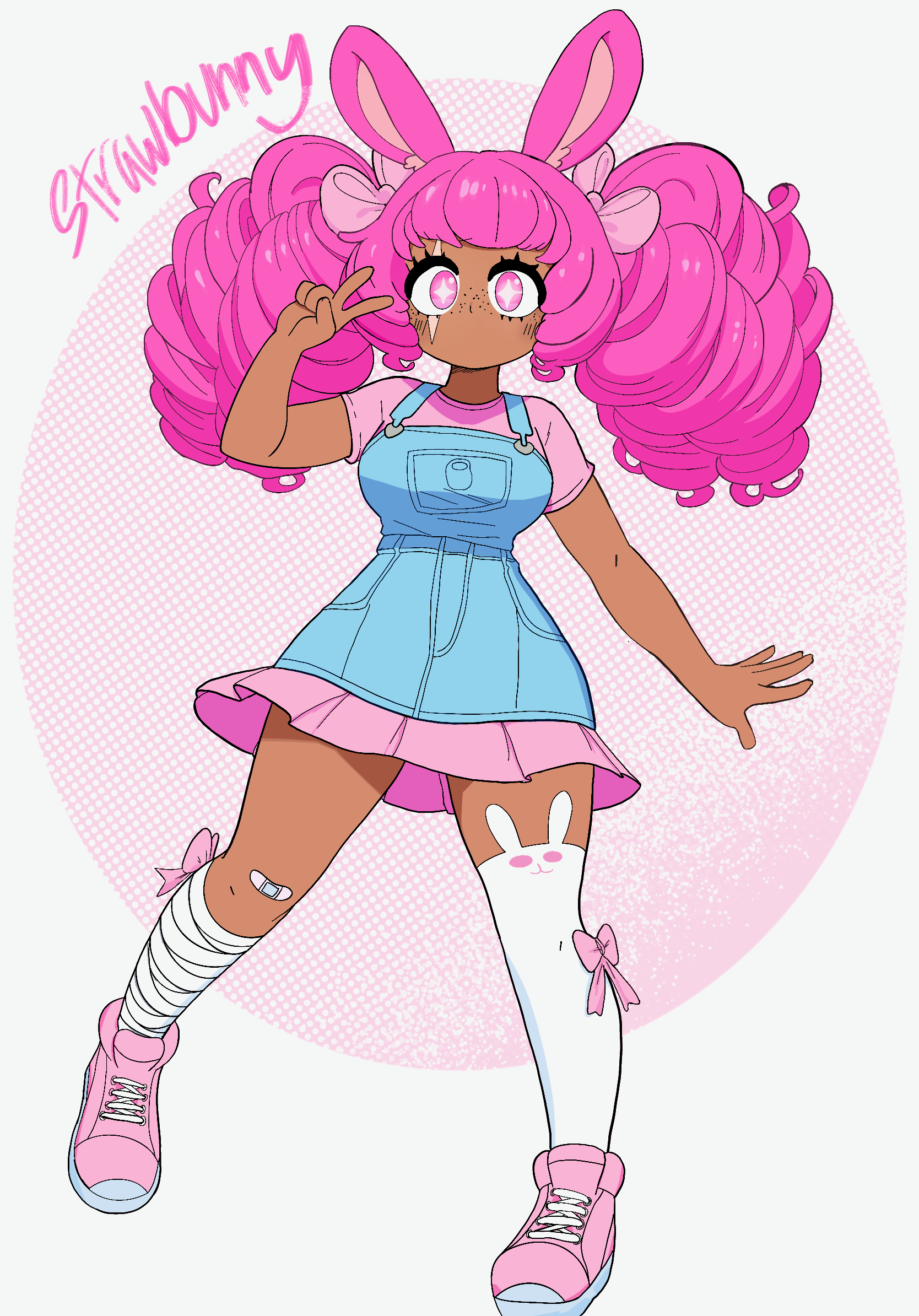 Anime-style girl with pink, curly hair, bunny ears, and a bunny face on her thigh, wearing a pink and blue outfit, making a peace sign with her hand.