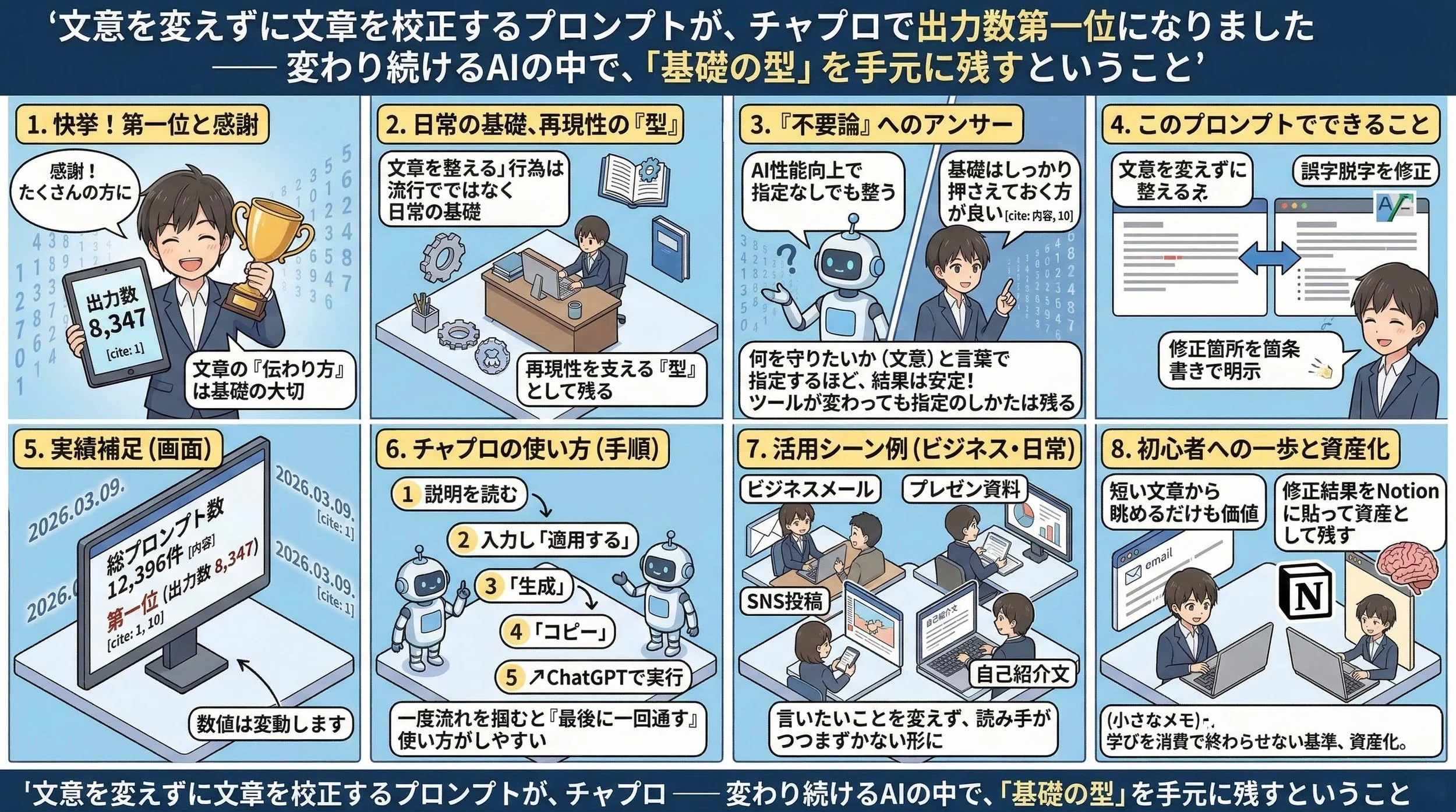 出力数第一位の実績を起点に、プロンプトの「基礎の型」と使い方・活用・資産化までを一枚で整理した図