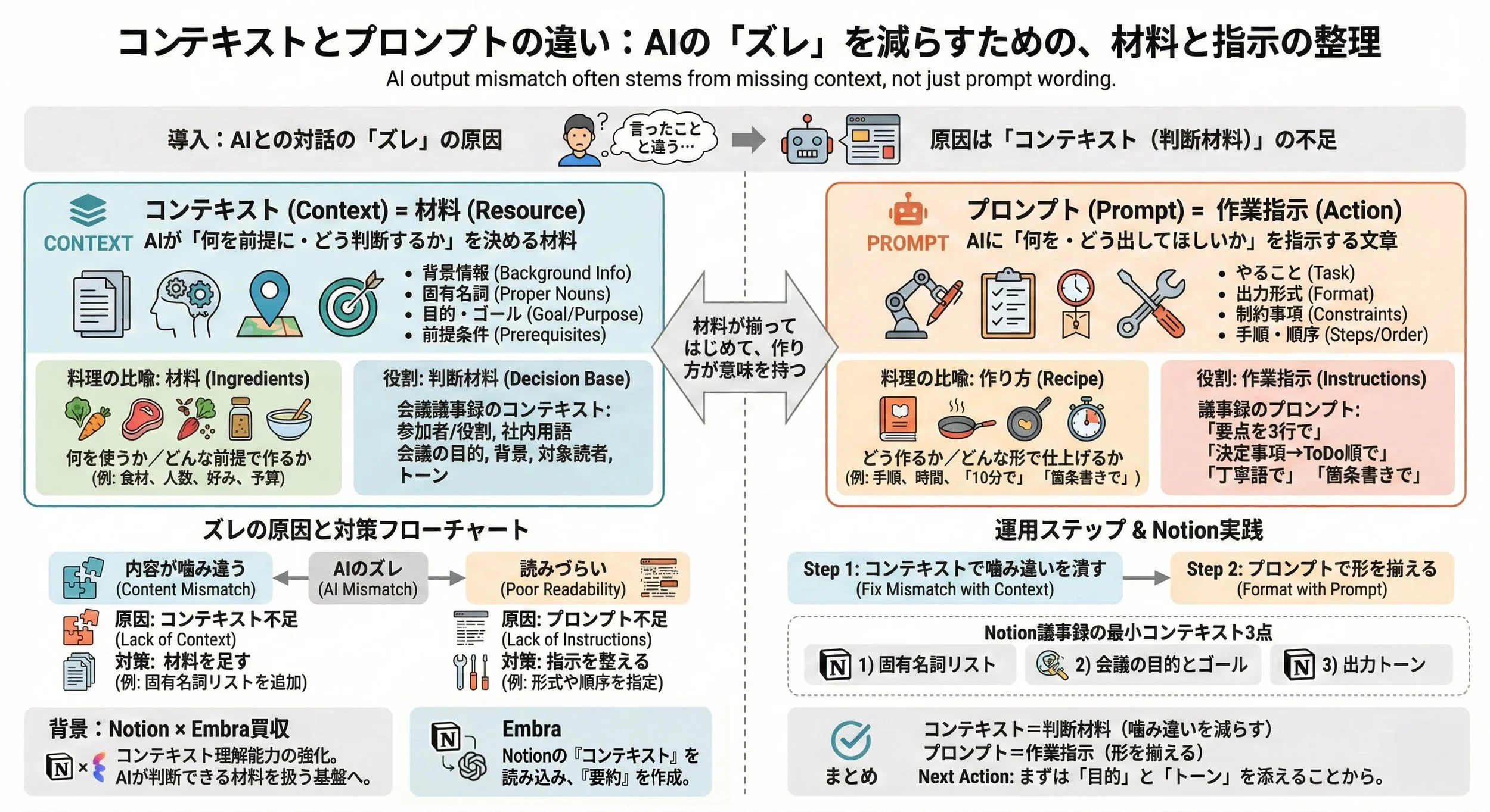 AIの「ズレ」を減らすための、コンテキスト（材料）とプロンプト（指示）の整理術の図解