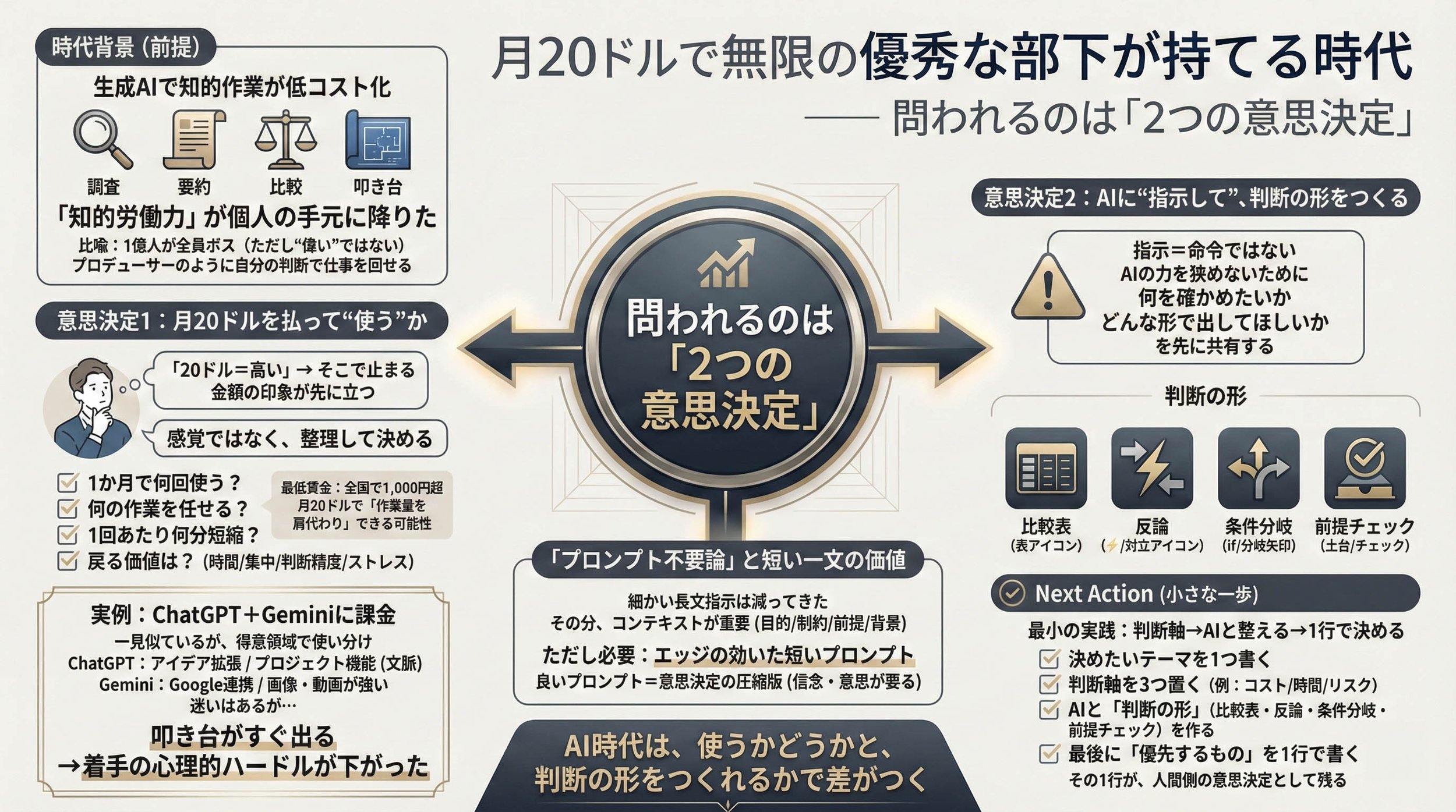 月20ドルの生成AI活用で問われる「2つの意思決定（課金・指示）」と具体的アクションをまとめた全体図。