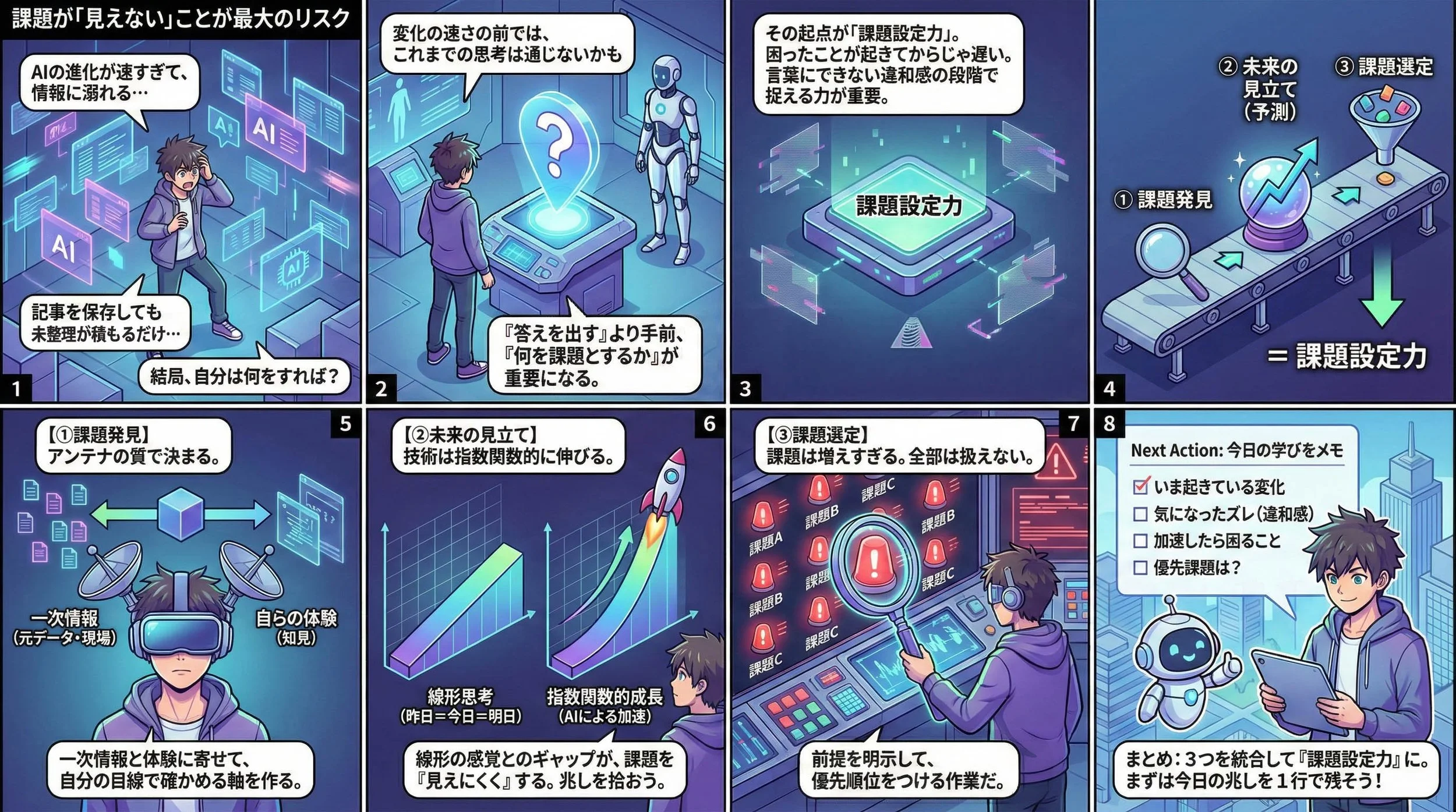 AI主導社会で重要な「課題設定力（発見・見立て・選定）」の全体像と循環プロセス、および具体的なアクションを示す図解。