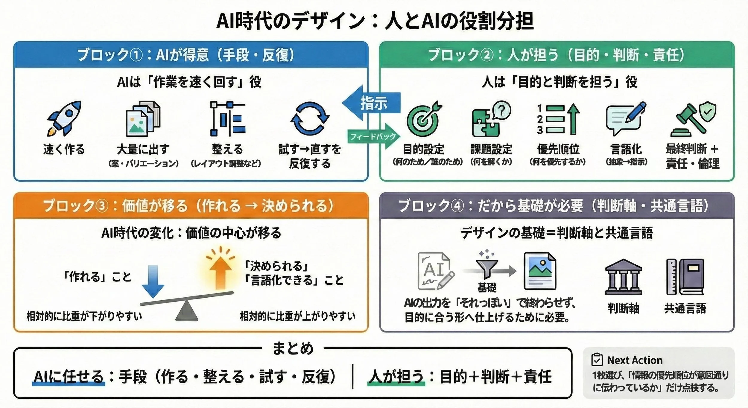 AI時代は「作る」作業をAIに任せ、人が「目的と判断」を担う。その役割分担と基礎の重要性をまとめた図。