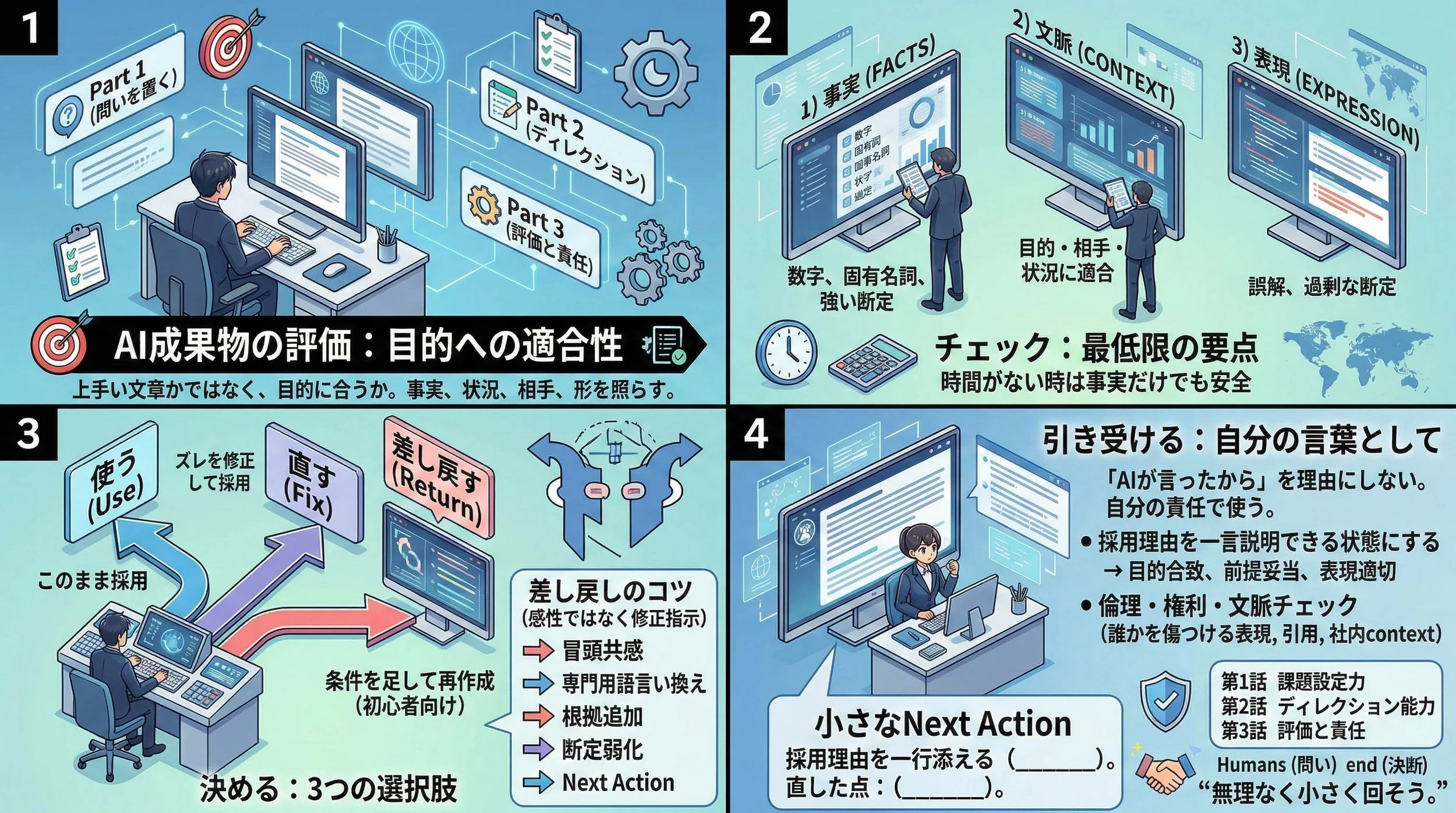 AIの成果物を、人間が目的と事実に沿って評価・判断し、責任を持って使うためのステップ図解