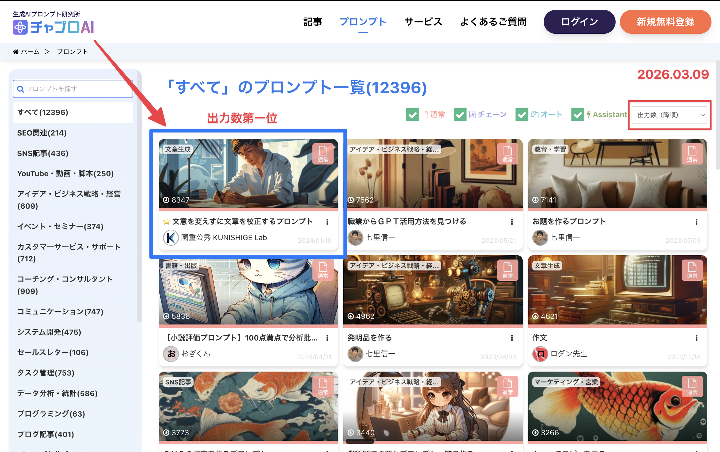 2026年3月9日時点で、チャプロ全12,396件中「出力数8,347」で第一位になったことを示す画面