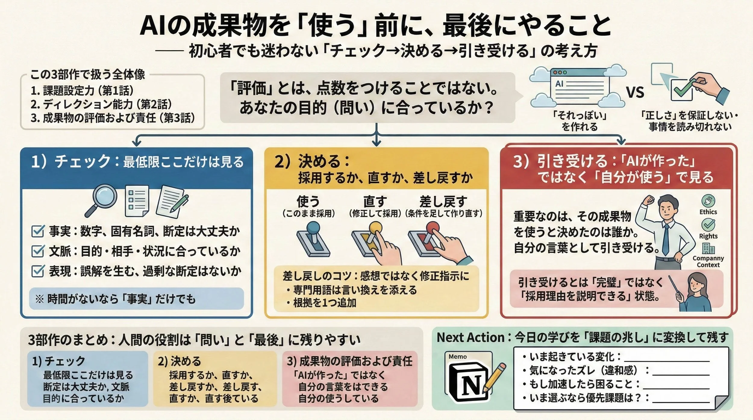 人間が責任を持ってAI成果物を評価・活用するための、最終プロセスの図解。