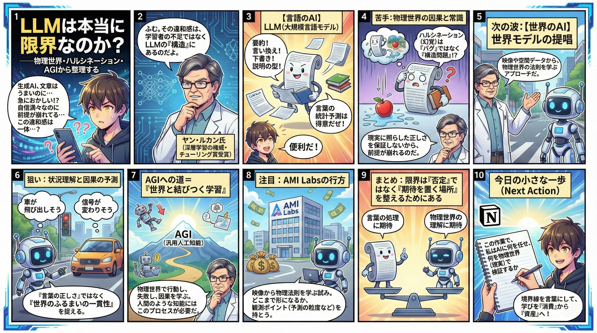LLMの構造的な限界と、物理世界を学ぶ「世界モデル」の役割を整理した漫画解説。