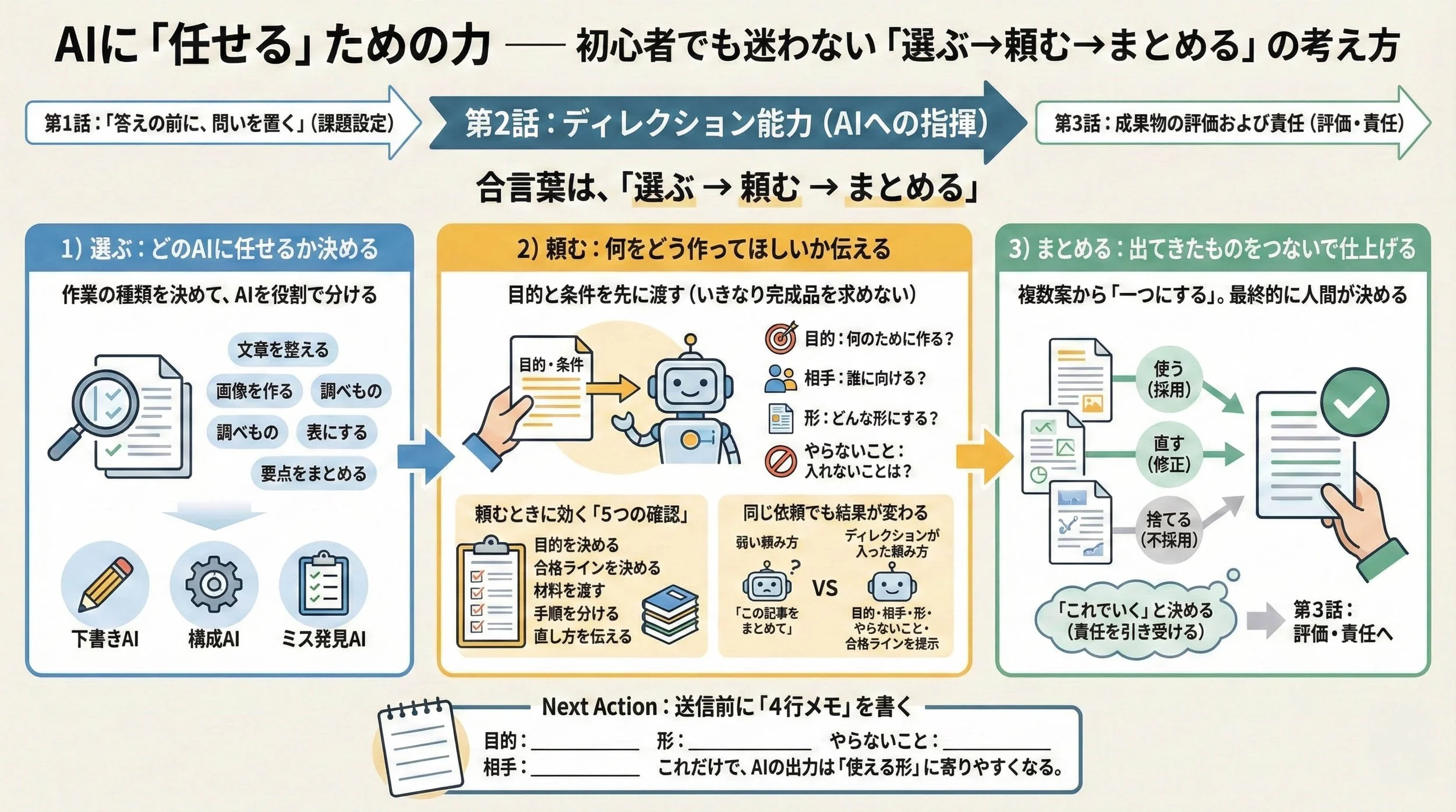 合言葉「選ぶ→頼む→まとめる」と、送信前の「4行メモ」を1枚に整理した要約図です。