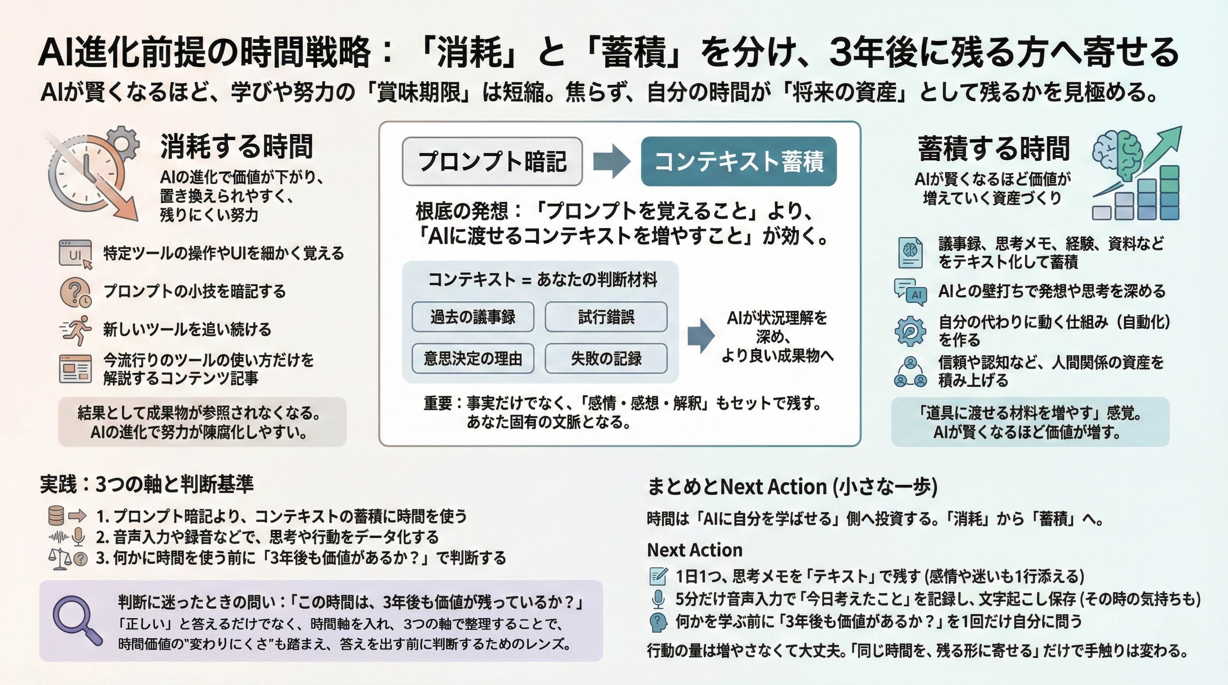 崩れゆく「消耗」の道と、輝き積み上がる「蓄積」の道の岐路を描き、未来の資産となる選択を表現した画像