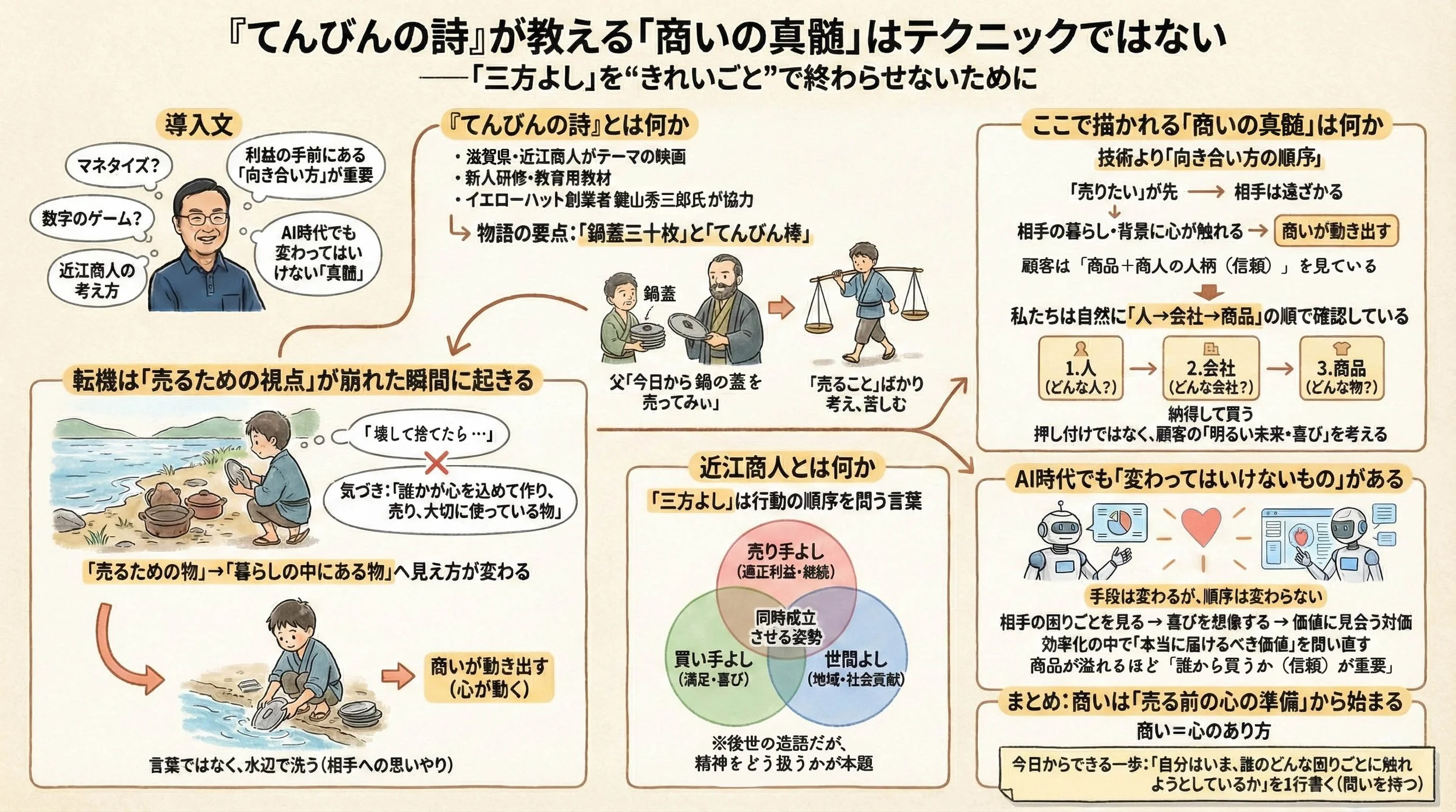 『てんびんの詩』を通じ、商いの真髄はテクニックより「信頼と心のあり方」だと説く図解。