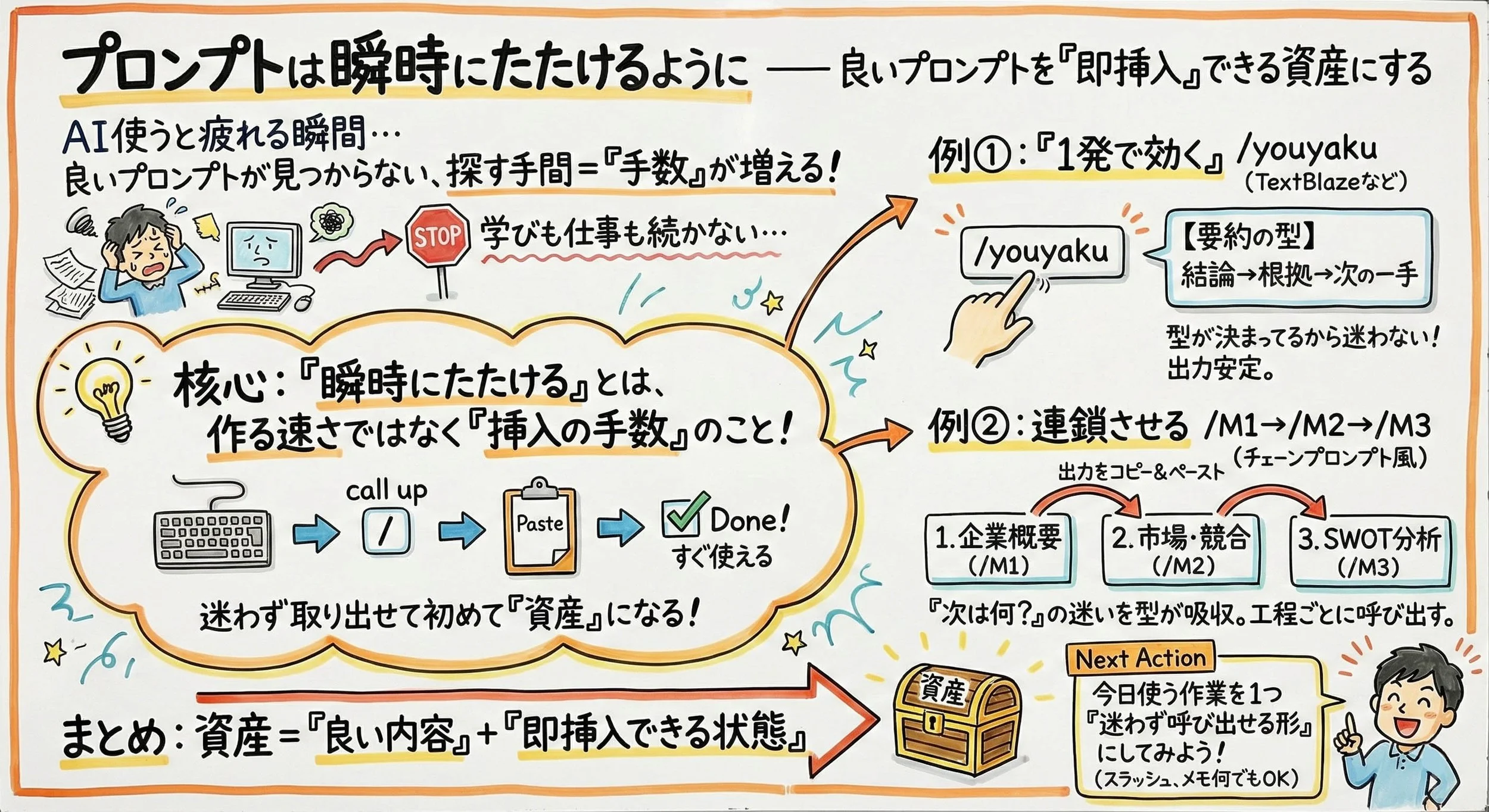 AIのプロンプトを「瞬時に呼び出し、即挿入できる資産」にするための方法を解説した図