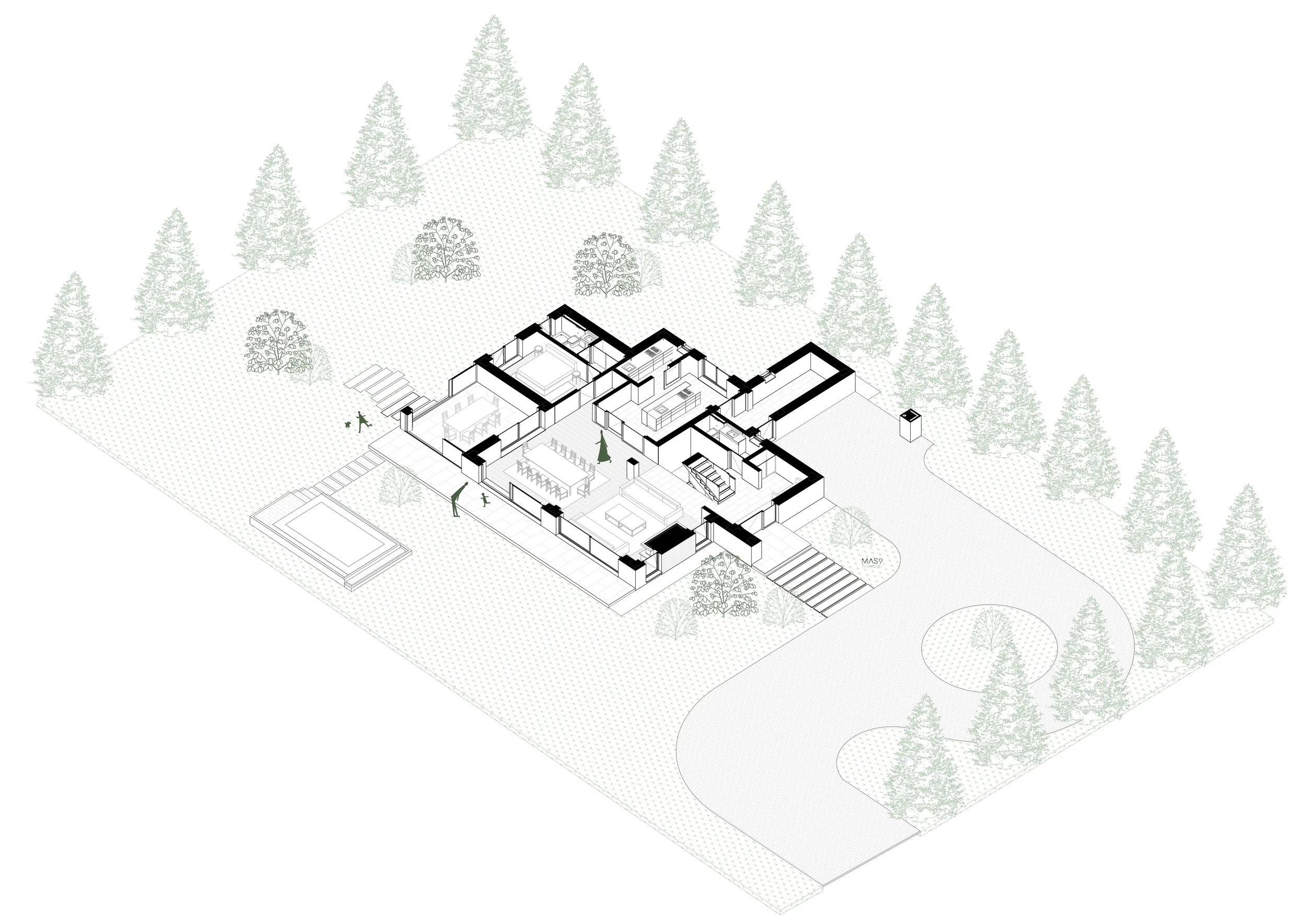 Black and white isometric plan of a house with surrounding trees, a swimming pool, and a circular driveway.