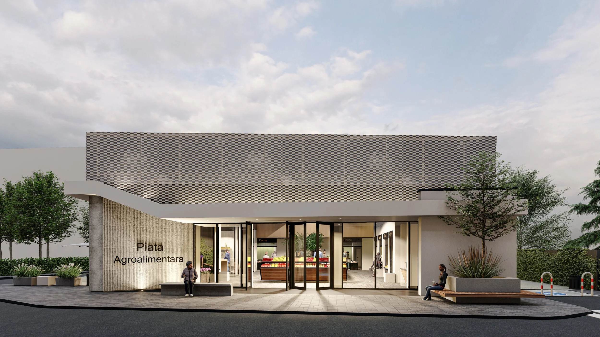 A modern building with a curved facade and large glass entrance, featuring a sign that reads 'Piata Agroalimentara,' with people sitting and walking nearby, trees, and a cloudy sky in the background.