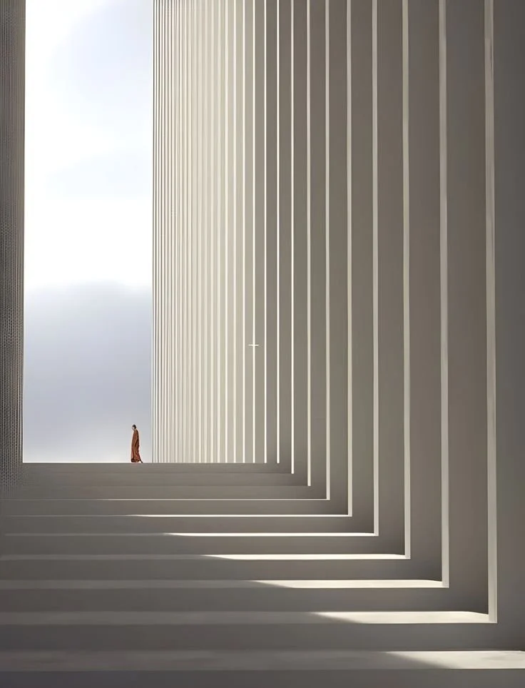 A person standing at the top of a modern architectural staircase with tall white walls and a cloudy sky in the background.