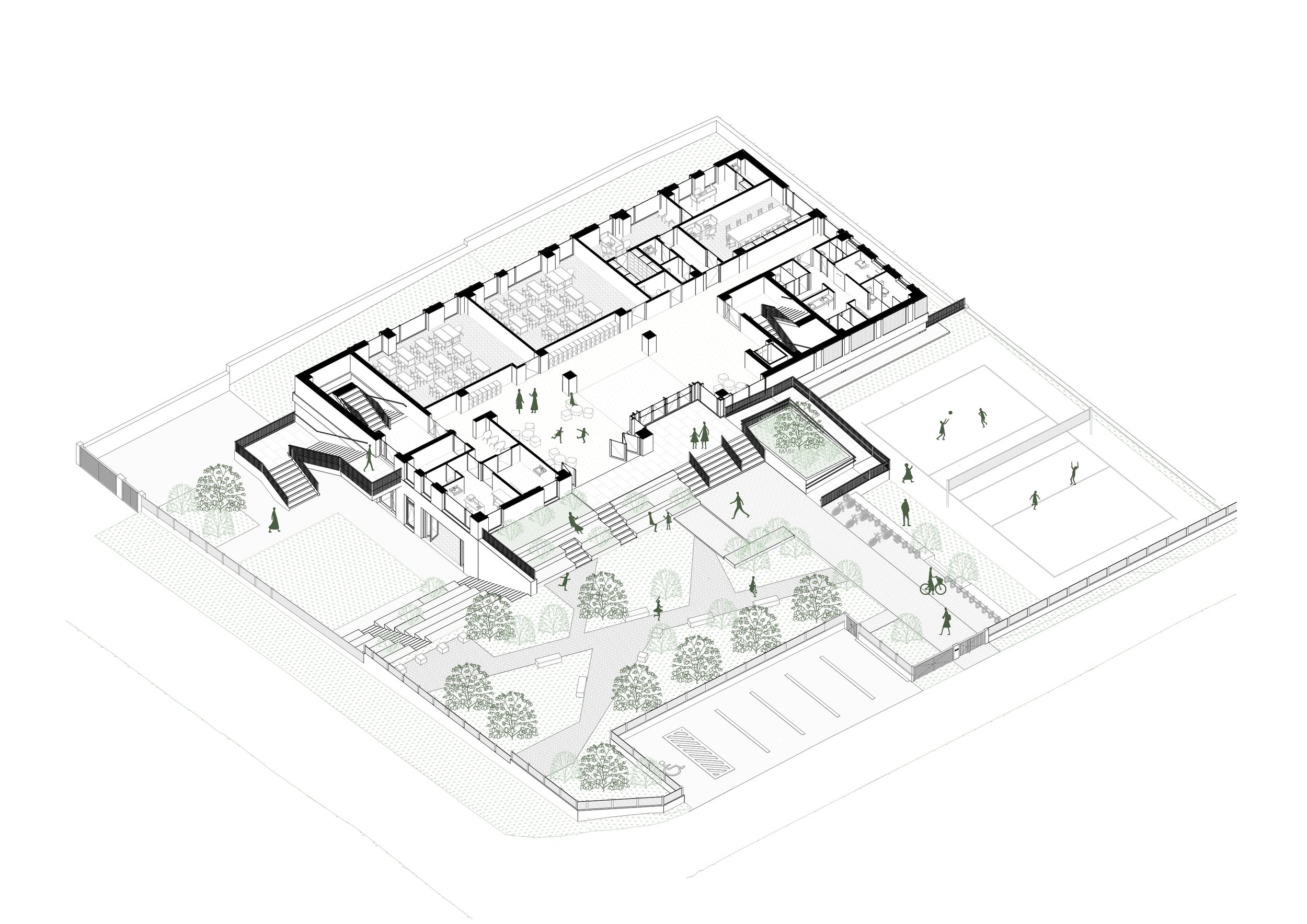 Isometric view of a school campus showing classrooms, hallways, outdoor sports courts, playgrounds, trees, pathways, parking lot, and people walking or cycling.