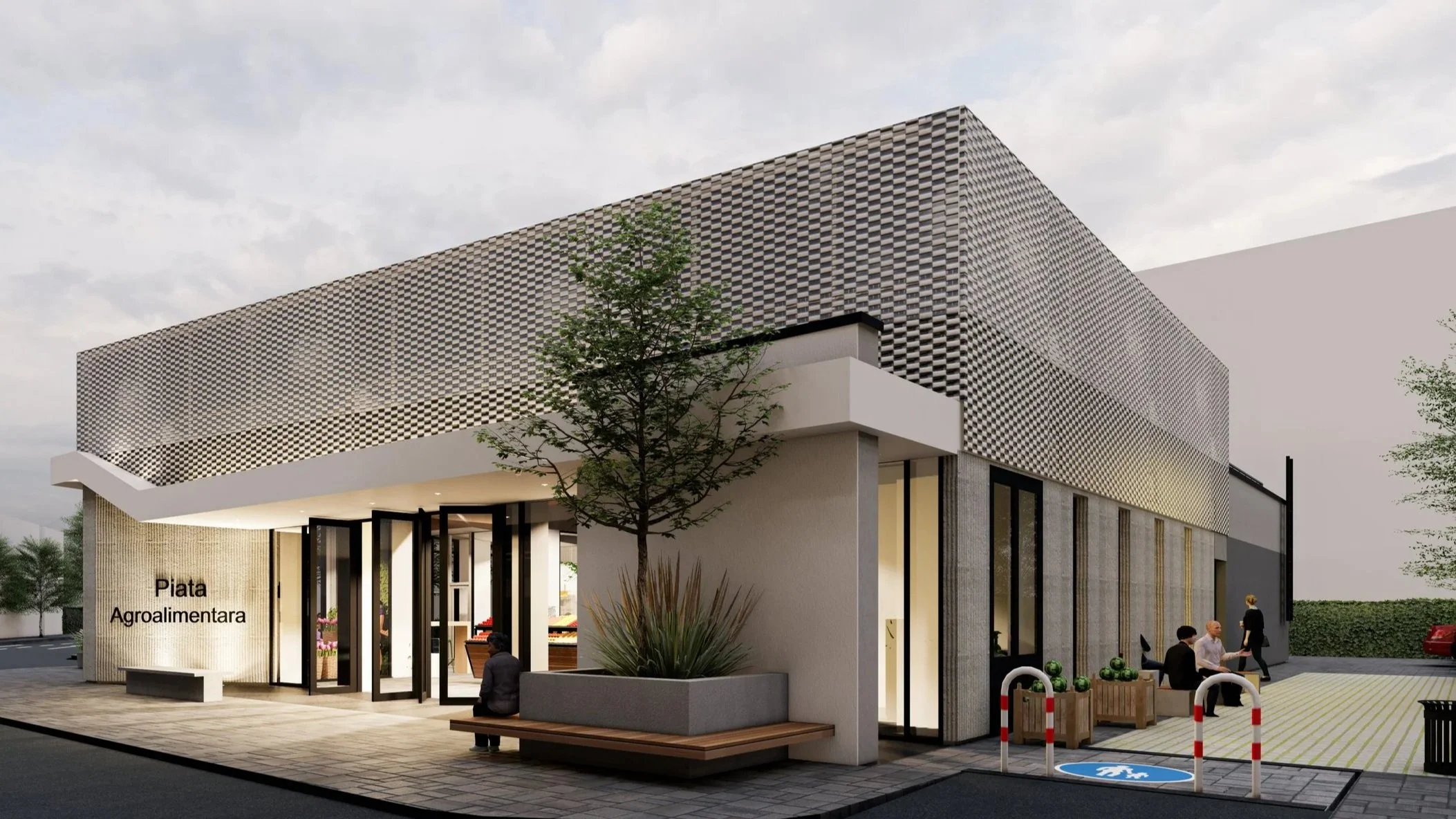 Modern building with a perforated facade, a sign that reads Piata Agroalimentara, a tree, benches, and people sitting and talking outside on a paved sidewalk.