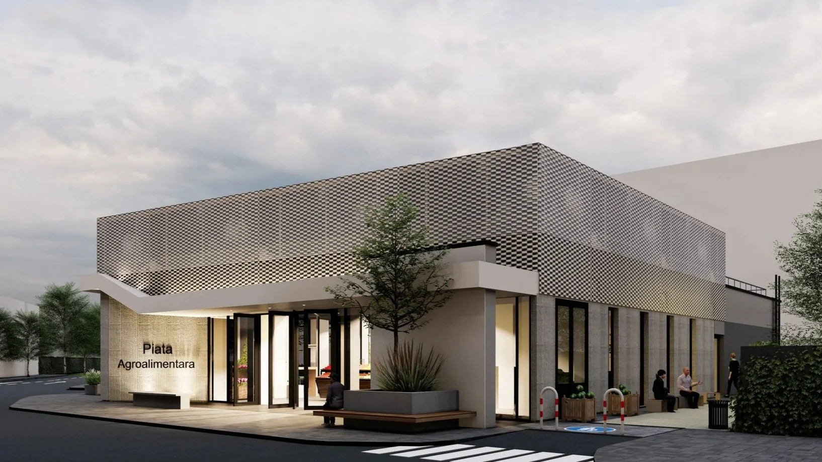 Modern building labeled 'Piata Agroalimntara' with a textured facade, large windows, outdoor seating, and trees around it during cloudy weather.