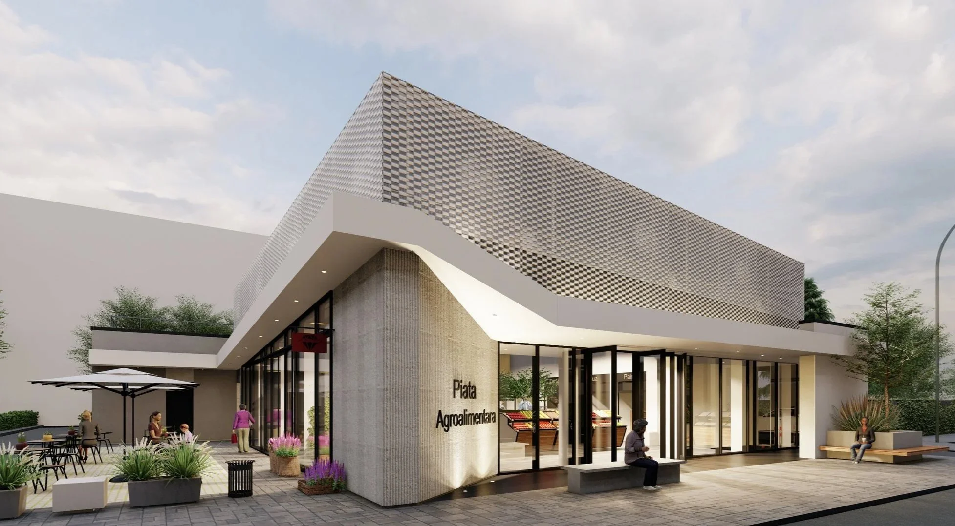 Modern building with outdoor seating, plants, and people near the entrance, marked as 'Pía Alimentaria'.