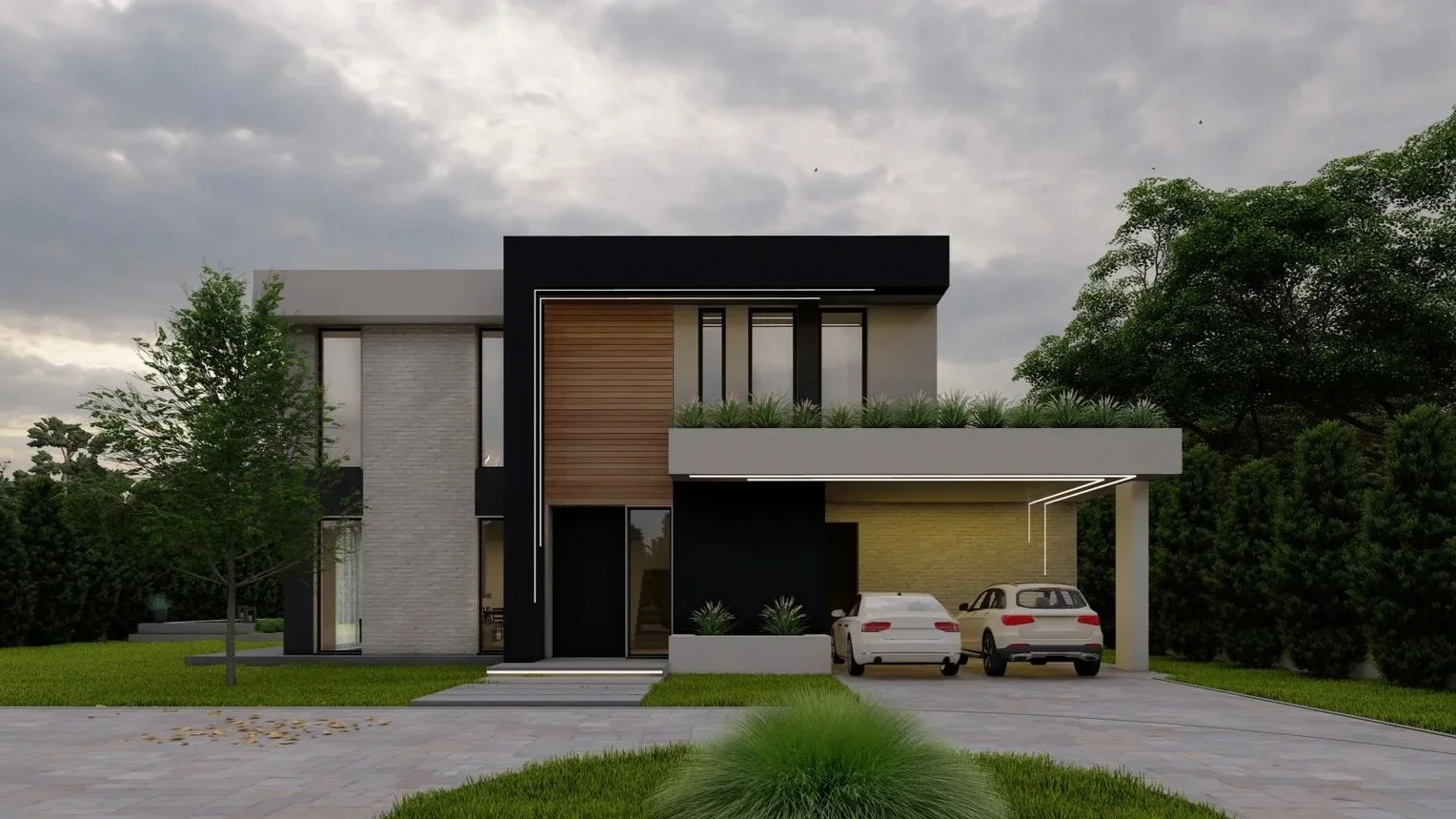 Modern two-story house with flat roof, wooden accents, large windows, two cars parked in driveway, surrounded by greenery and trees, overcast sky.